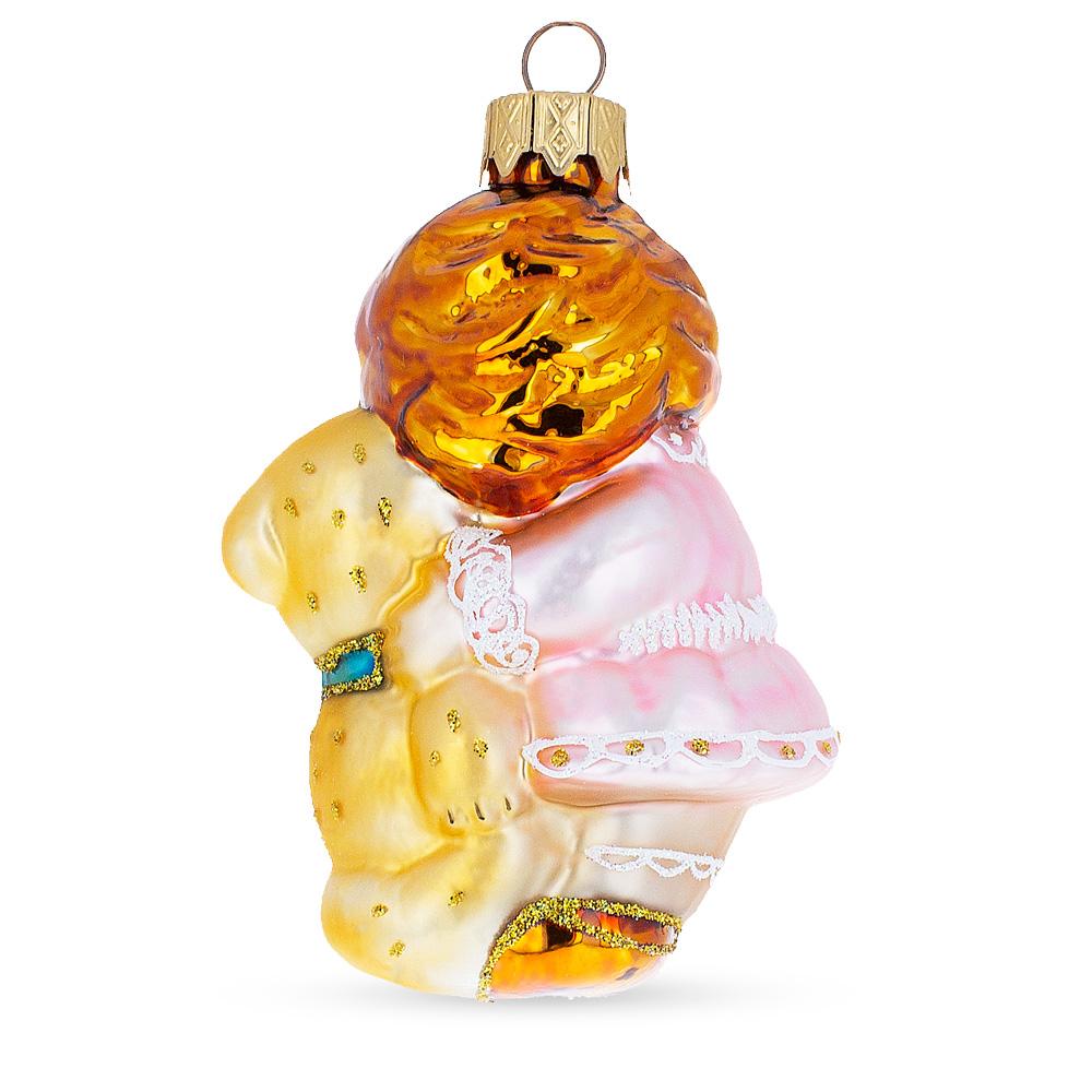 Girl With Teddy Bear Glass Christmas Ornament