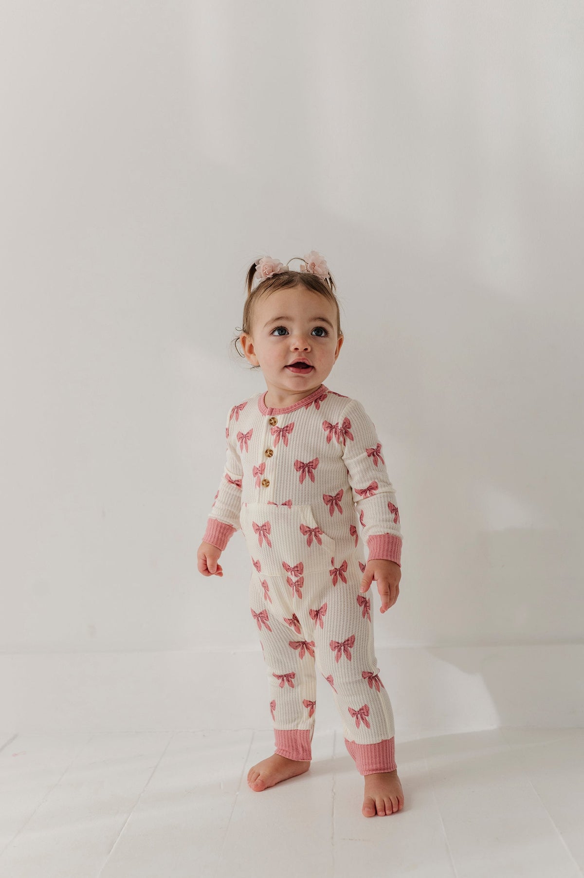 Baby Girl Waffle Romper In Rose Elegance Bows