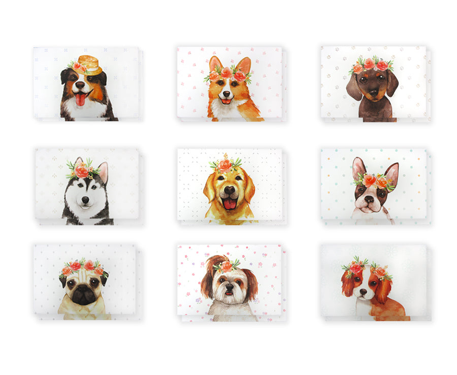 Dogs With Floral Crowns - 36 Pack Assorted Greeting Cards For All Occasions - 9 Design