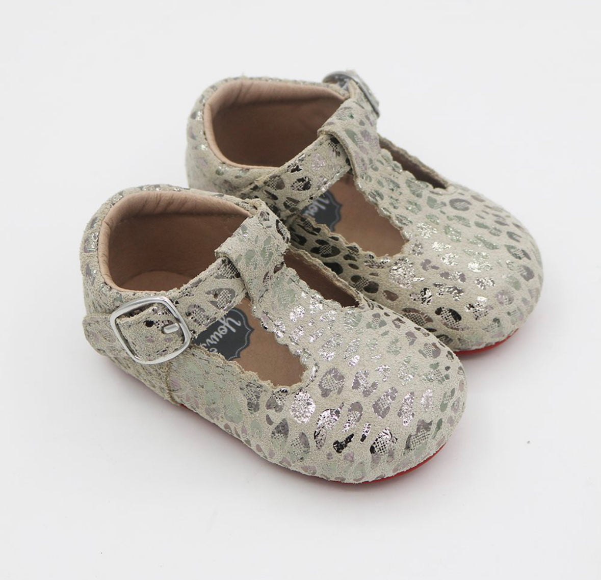 T-straps - Silver Suede Leopard/red Soles