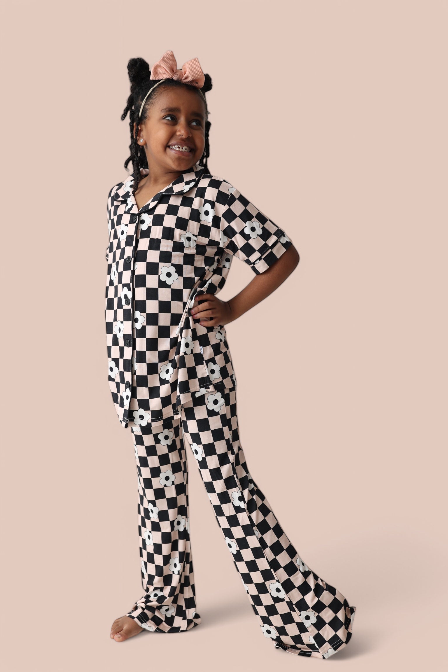 Retro Daisy Checks Short Sleeve Dream Girl's Flare Set