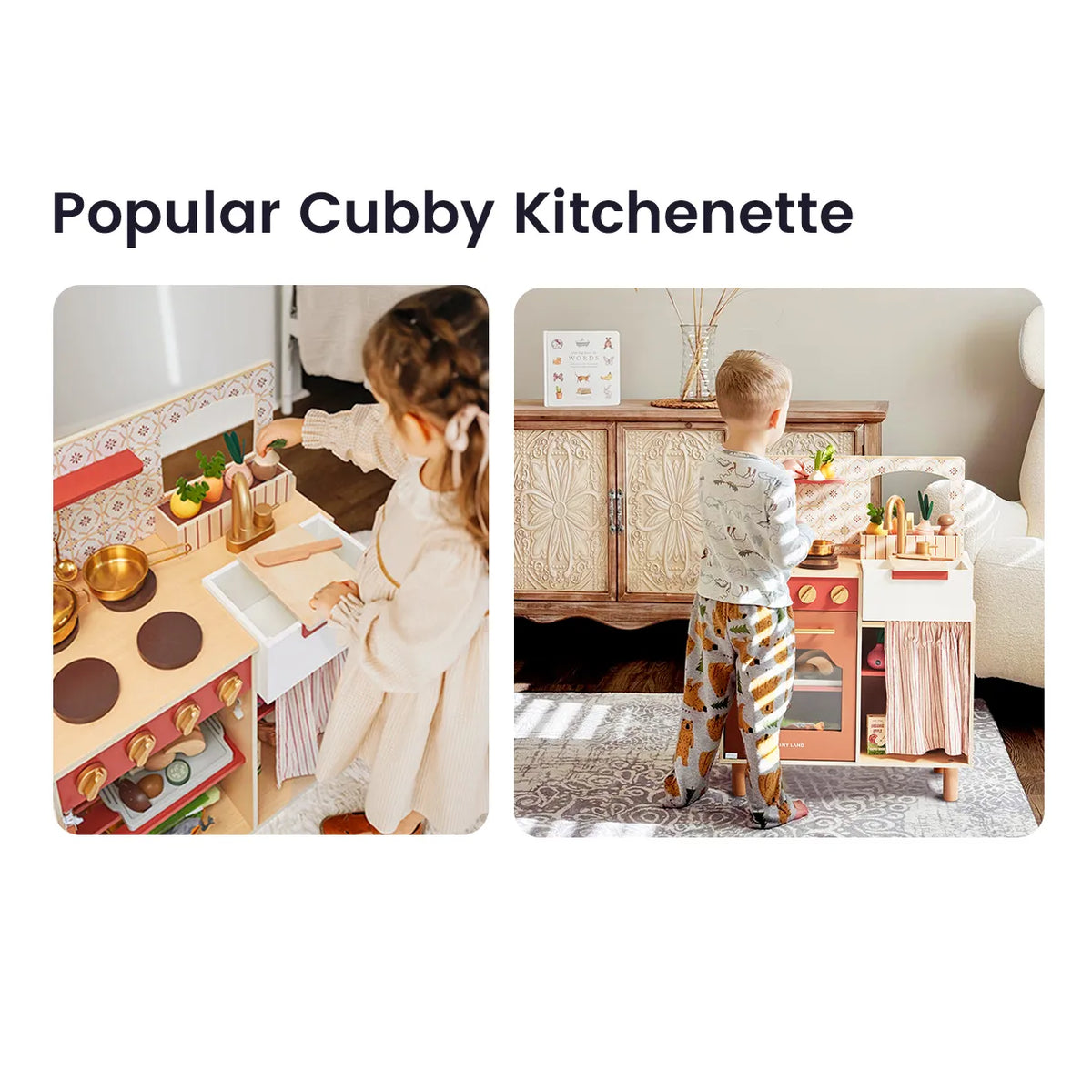 ® Wooden Play Kitchen For Toddlers - Honey Kitchenette Pretend Cooking Set