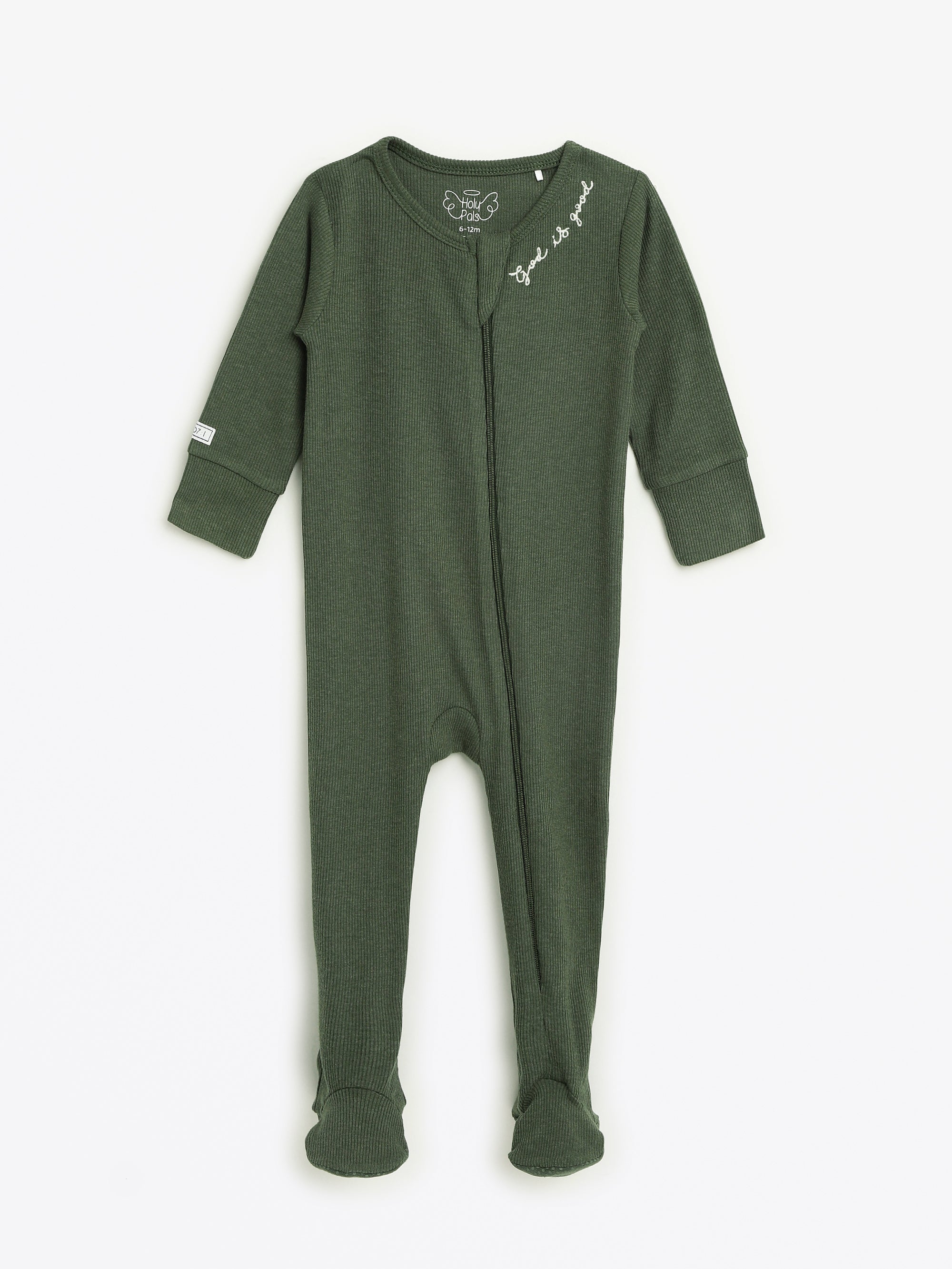 Solid Olive Pj Footed Onesie Ribbed Cotton-bamboo Blend