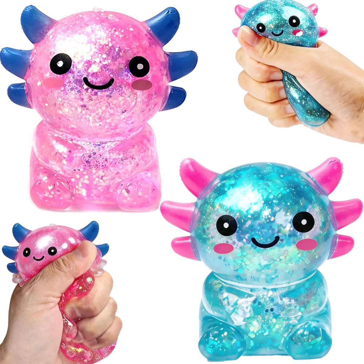 12 Pc Glitter Axolotl Squishy Toys Display – Kids Party Favors & Prizes