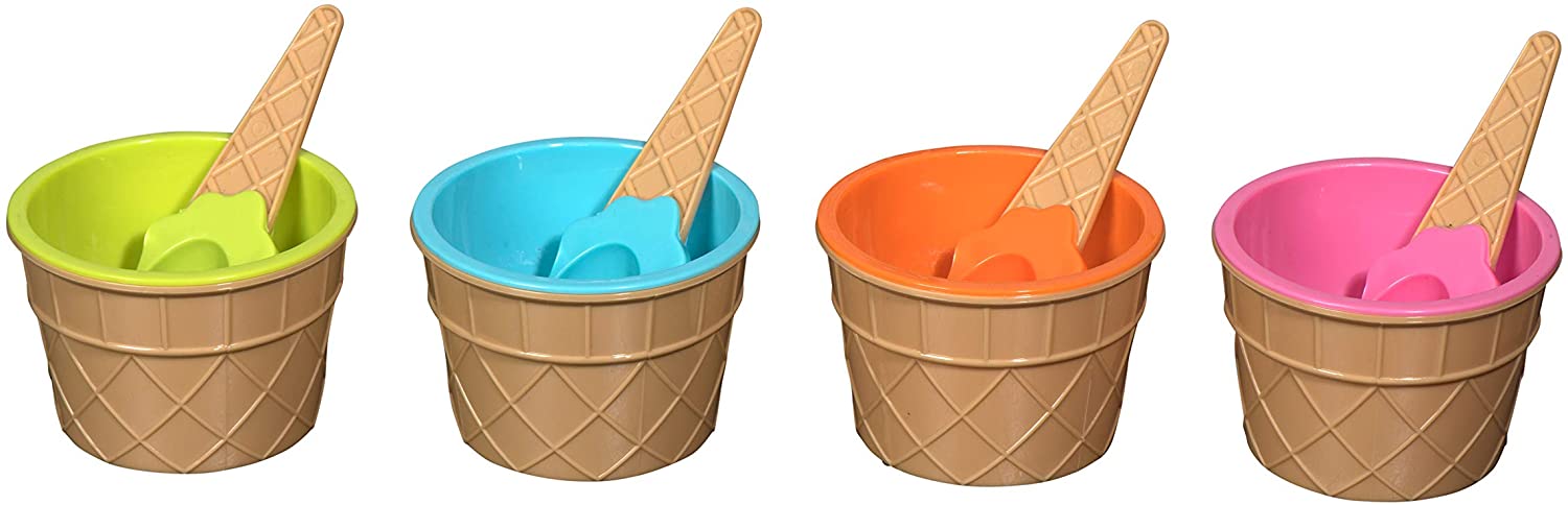 Ice Cream Bowls And Spoons - 2 Orange 2 Pink 2 Light Green 2 Sky Blue