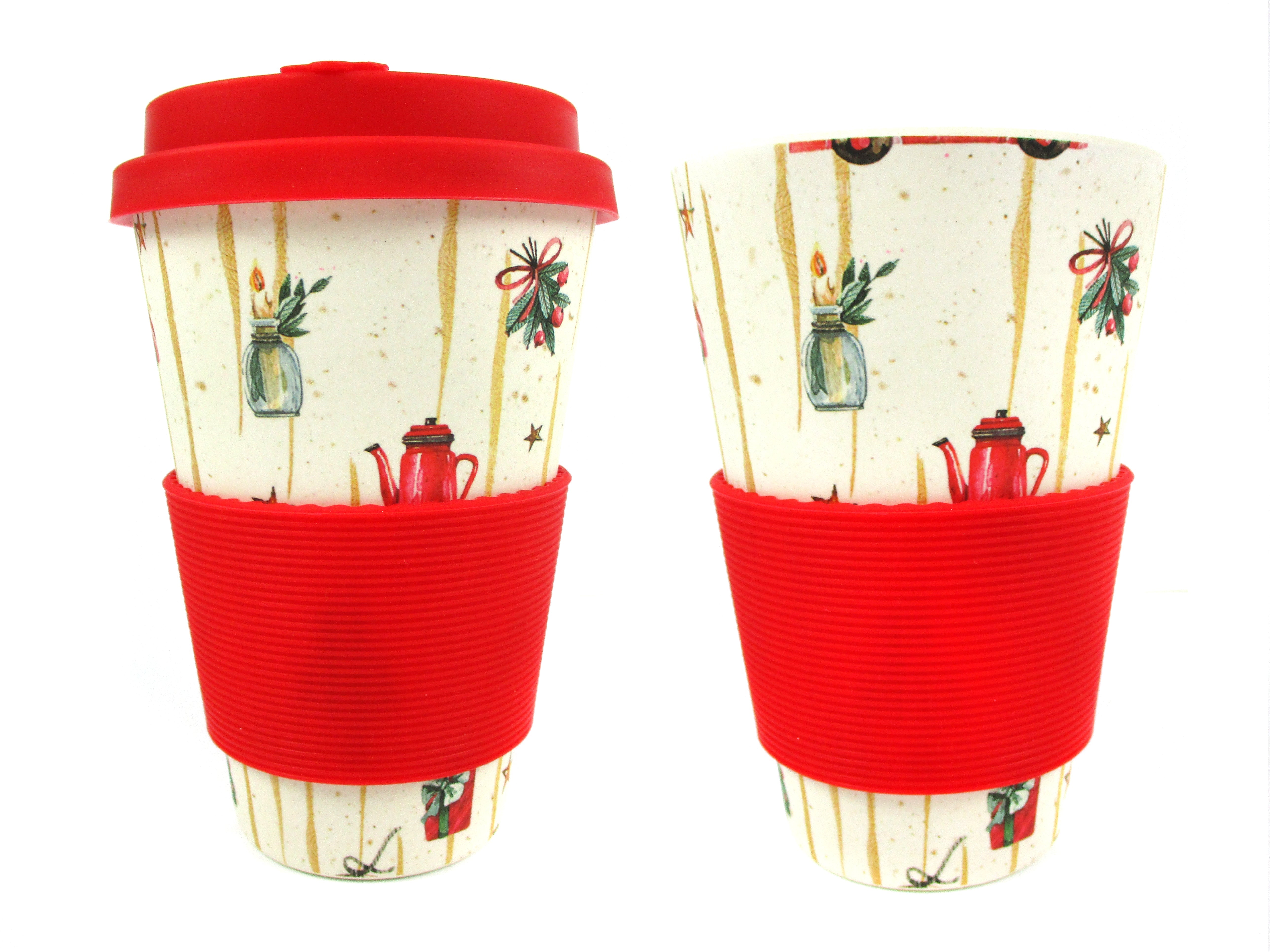 Eco-friendly Reusable Plant Fiber 14 Oz Travel Mug With Christmas Vintage Red Truck Barnyard Style Design