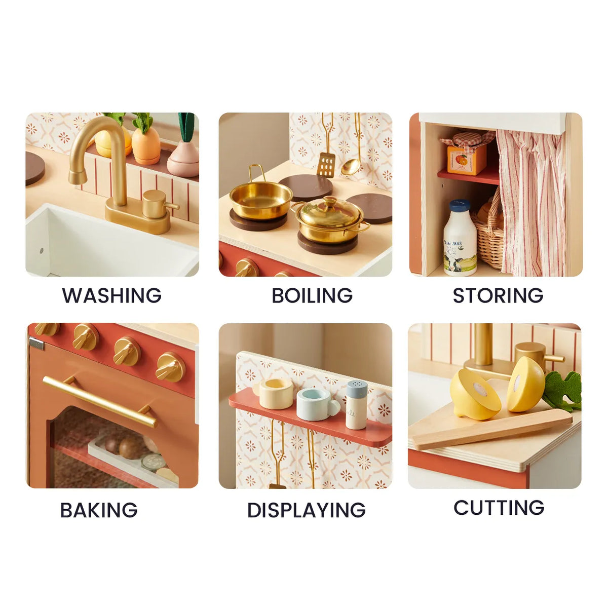 ® Wooden Play Kitchen For Toddlers - Honey Kitchenette Pretend Cooking Set