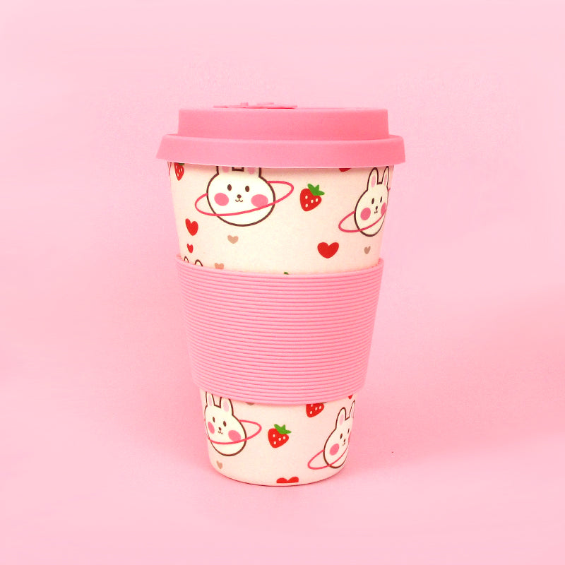 Eco-friendly Reusable Plant Fiber Travel Mug With Pink Bunny Design