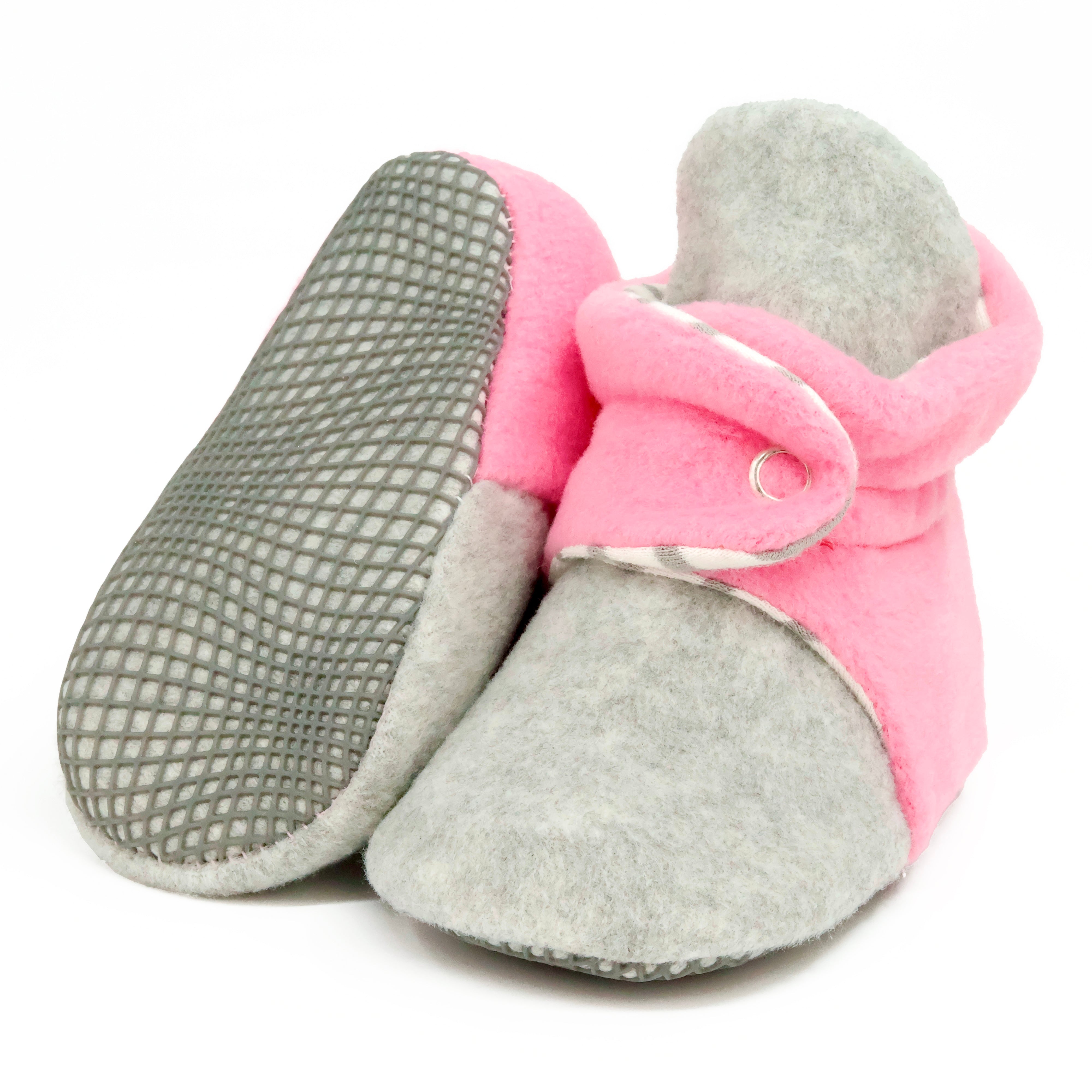 Anti-slip Sole, Fleece Baby Booties, Newborn Home Booties, Sweat Proof Organic Cotton Lining, Gray Pink
