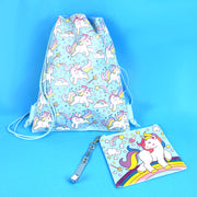 Unicorn Drawstring Backpack With Wristlet 2 Piece Set Travel Gym Cheer (blue)