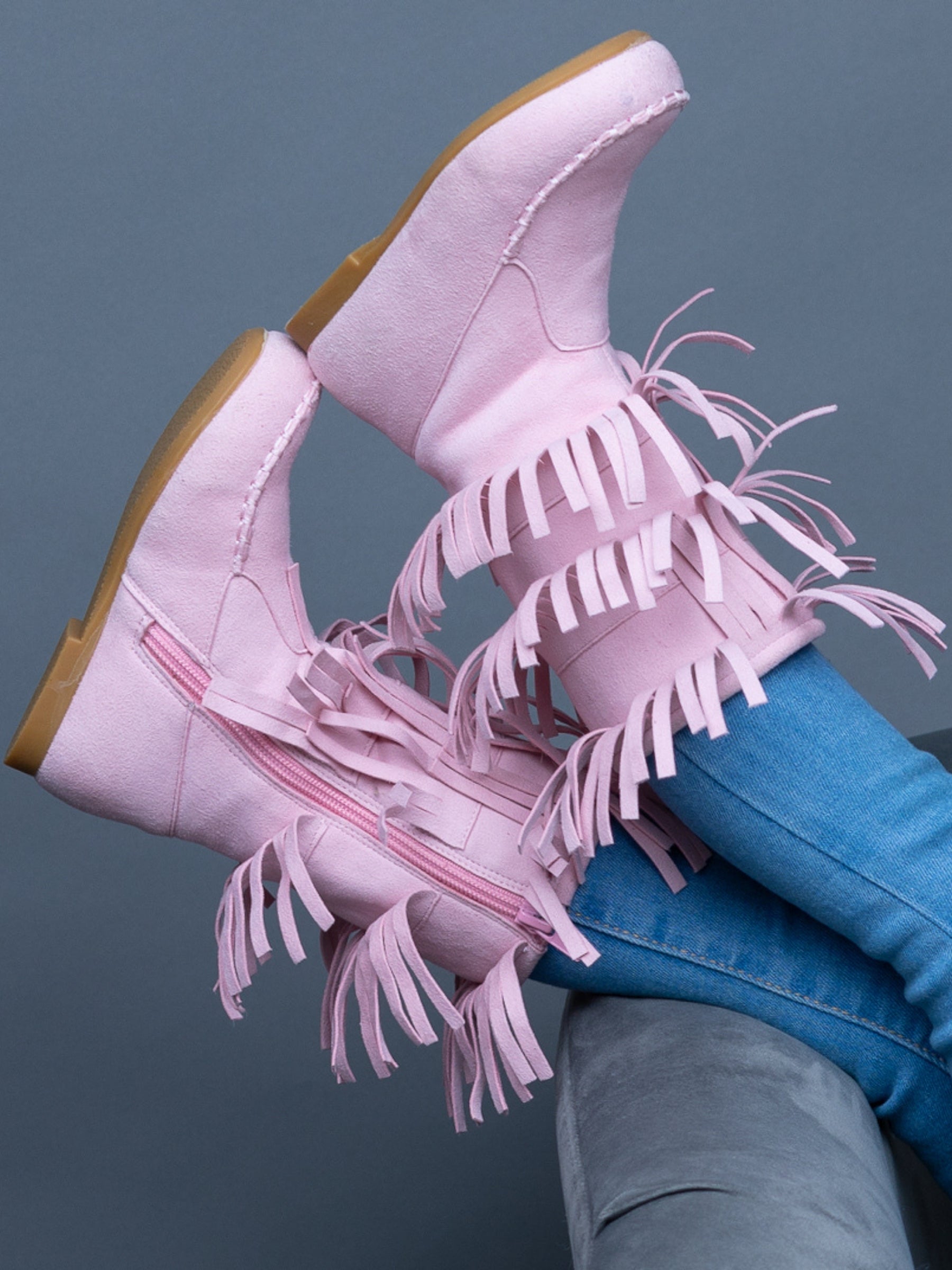 Pink Suede Tiered Fringe Boots By Liv And Mia