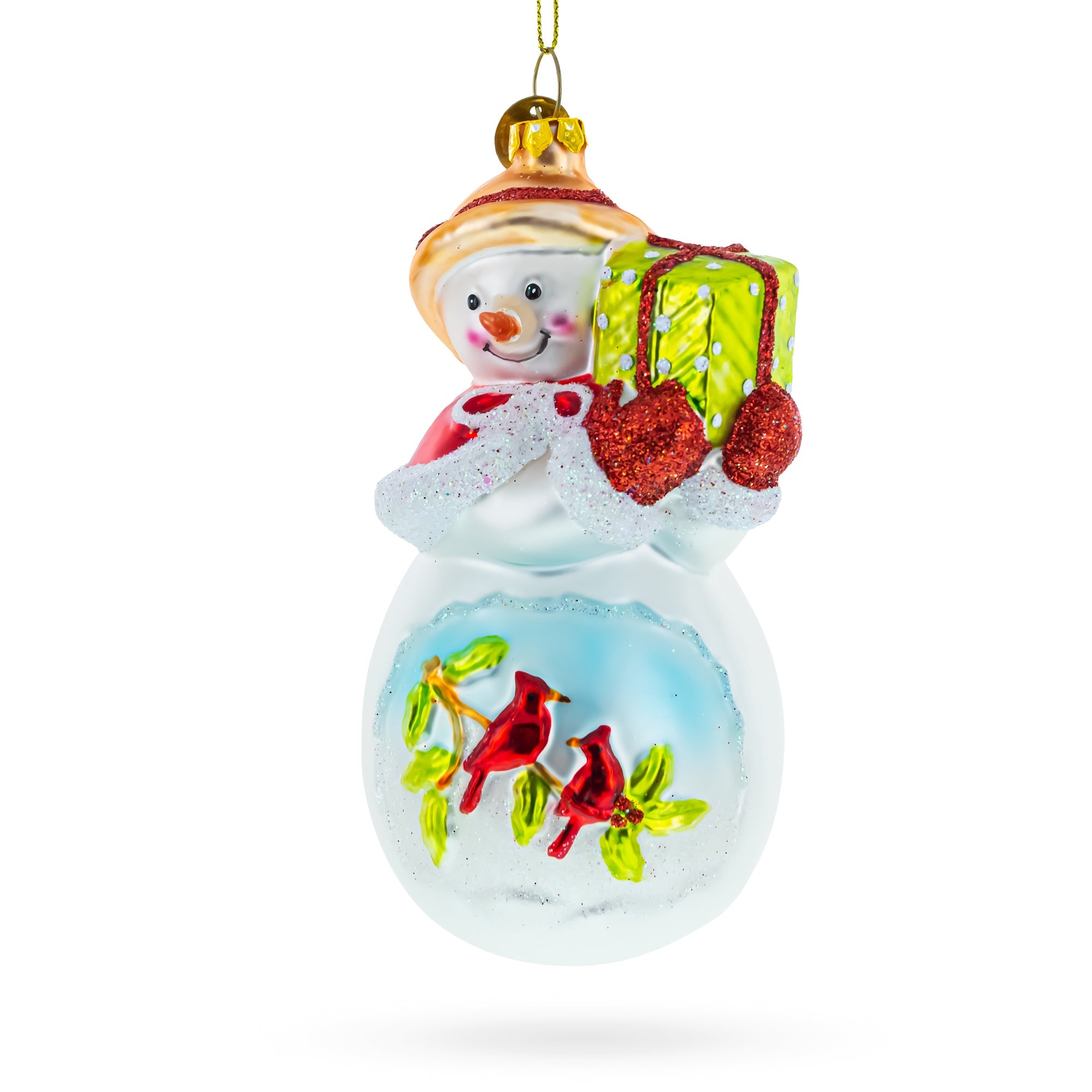 Snowman With Red Cardinals Holding A Gift - Premium Blown Glass Christmas Ornament