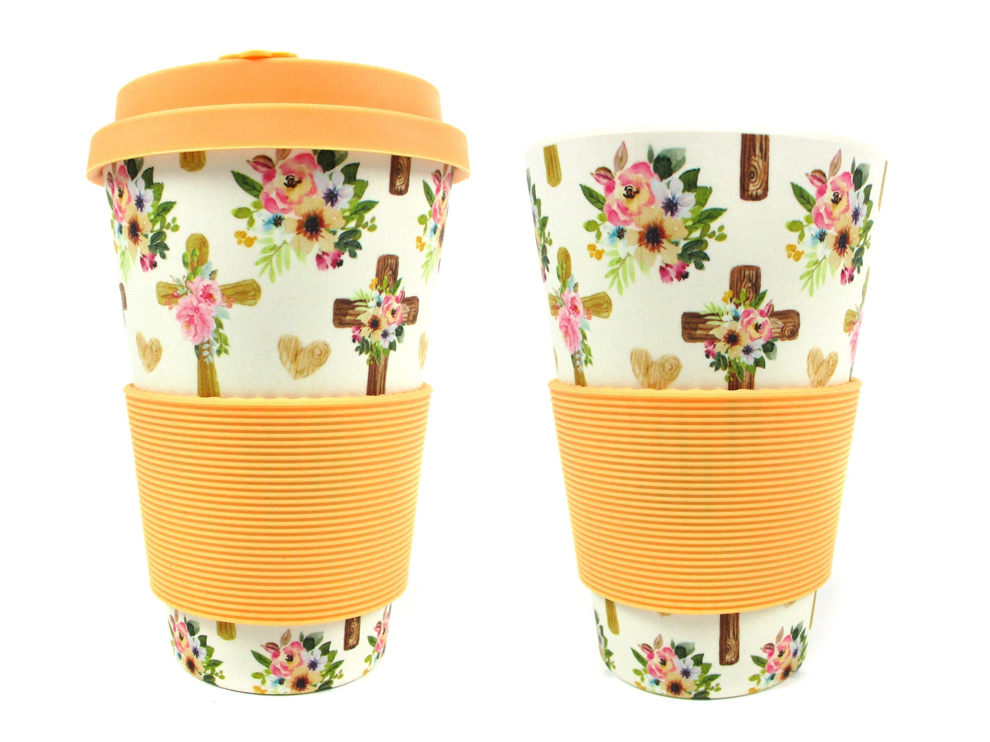 Eco-friendly Reusable Plant Fiber 14 Oz Travel Mug With Religious Floral Crosses Design