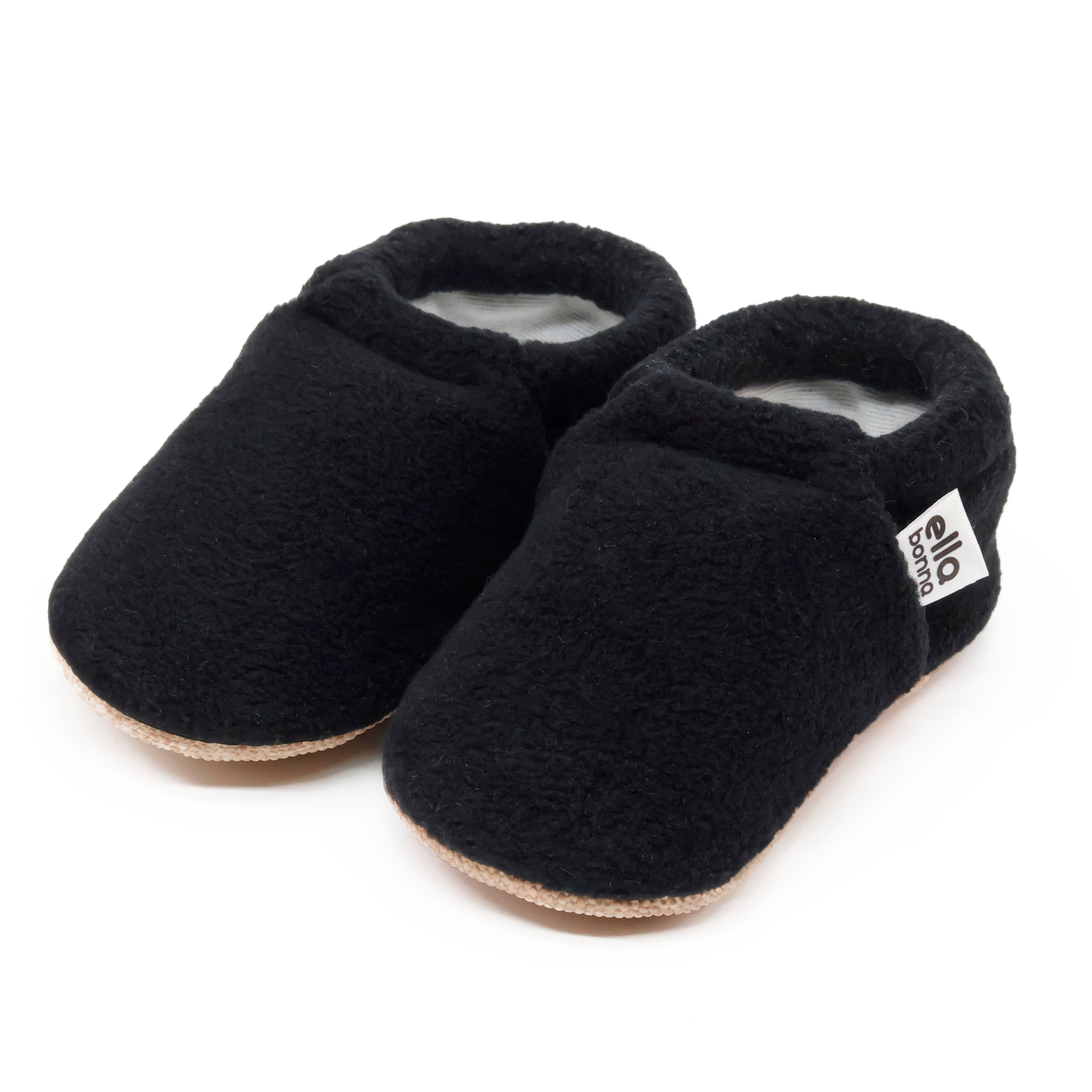 Fleece Baby House Booties, Non-slip Sole, Organic Cotton Lining, Black