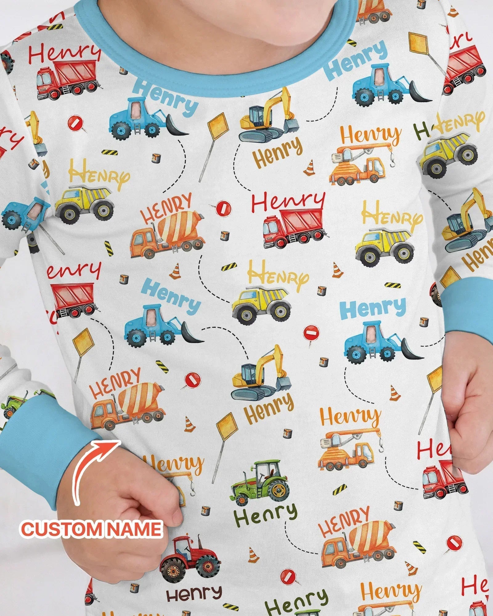 Construction Vehicles Custom Name Bamboo Two Piece Long Sleeve Pajama Set