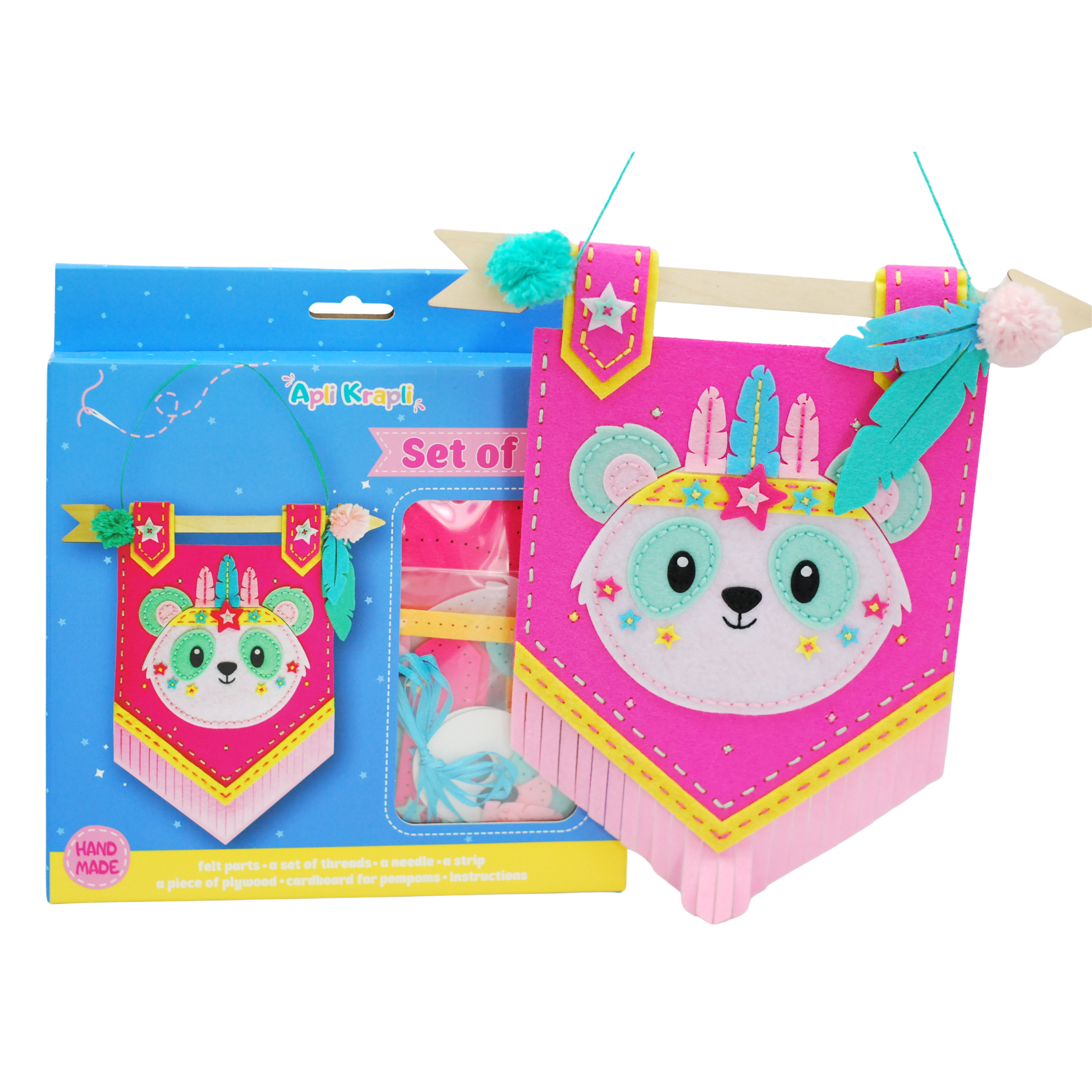 Apli Krapli - Apli Krapli Felt Wall Flag Sewing Kit Panda Precut Felt Thread & Safe Needle Ages 6+
