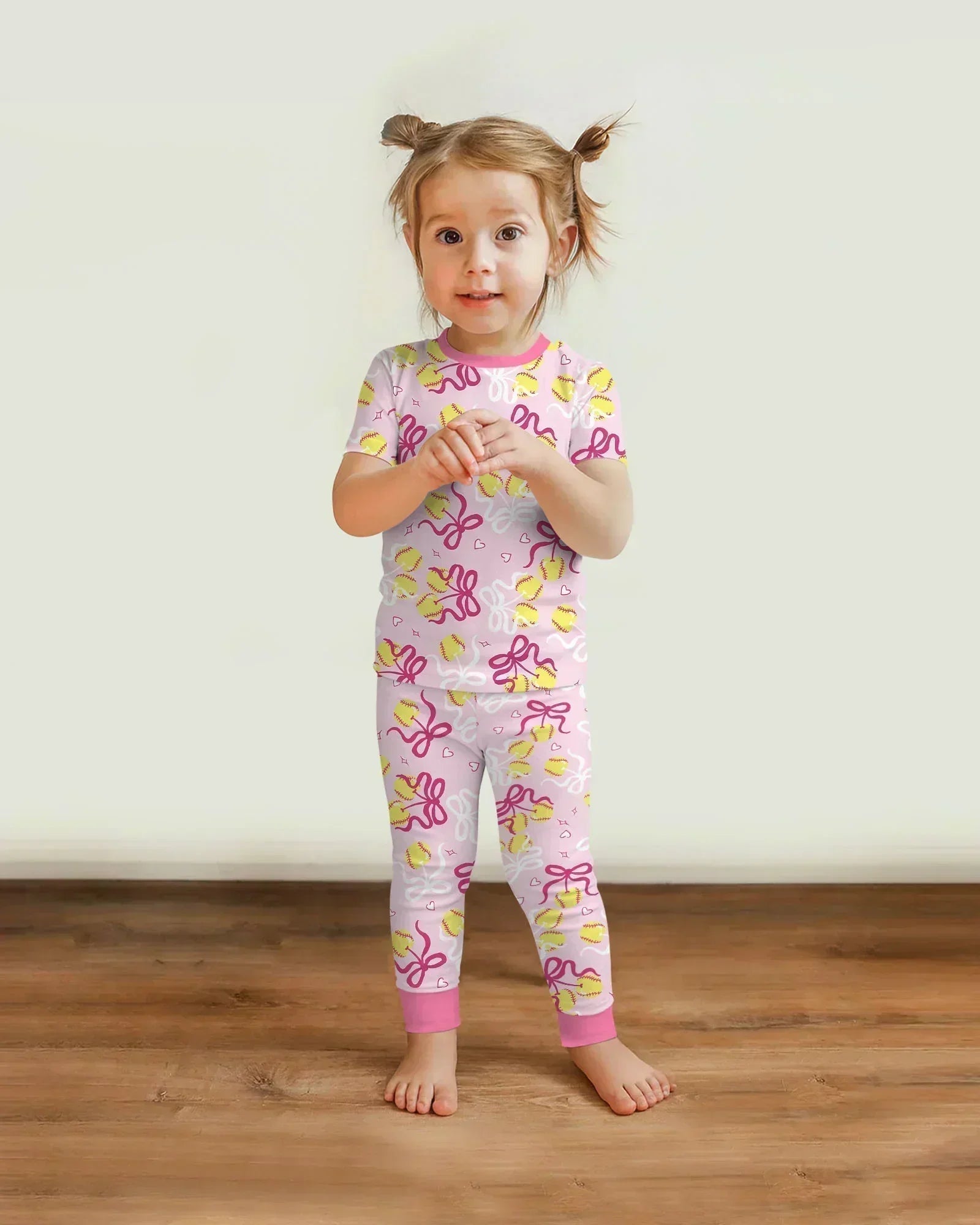 Softball Cherry Mom And Girl Matching Bamboo Two Piece Short Sleeve Pajama Set