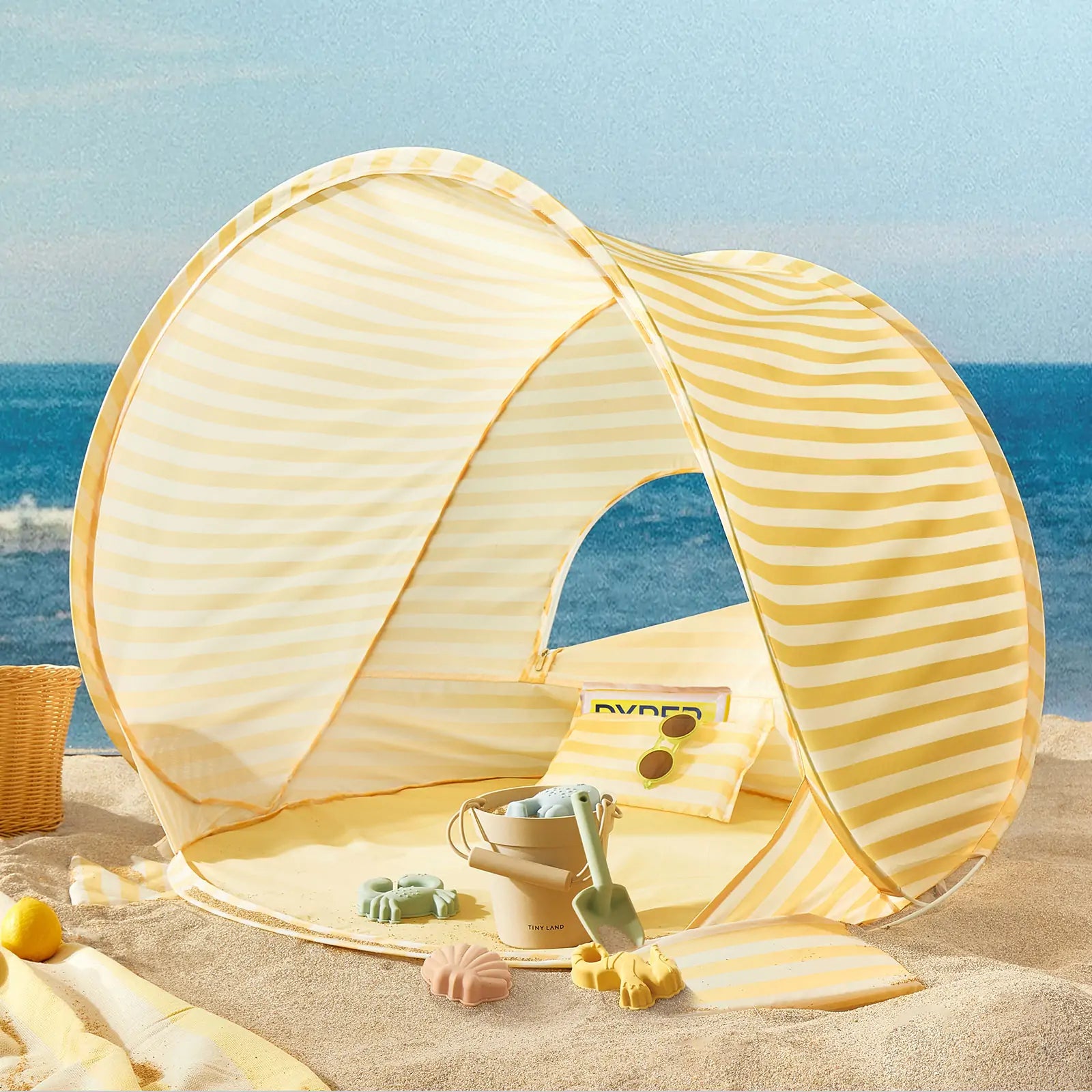 Tiny Land® One-stop Beach Toy & Tent Set – Pastel Yellow Stripes