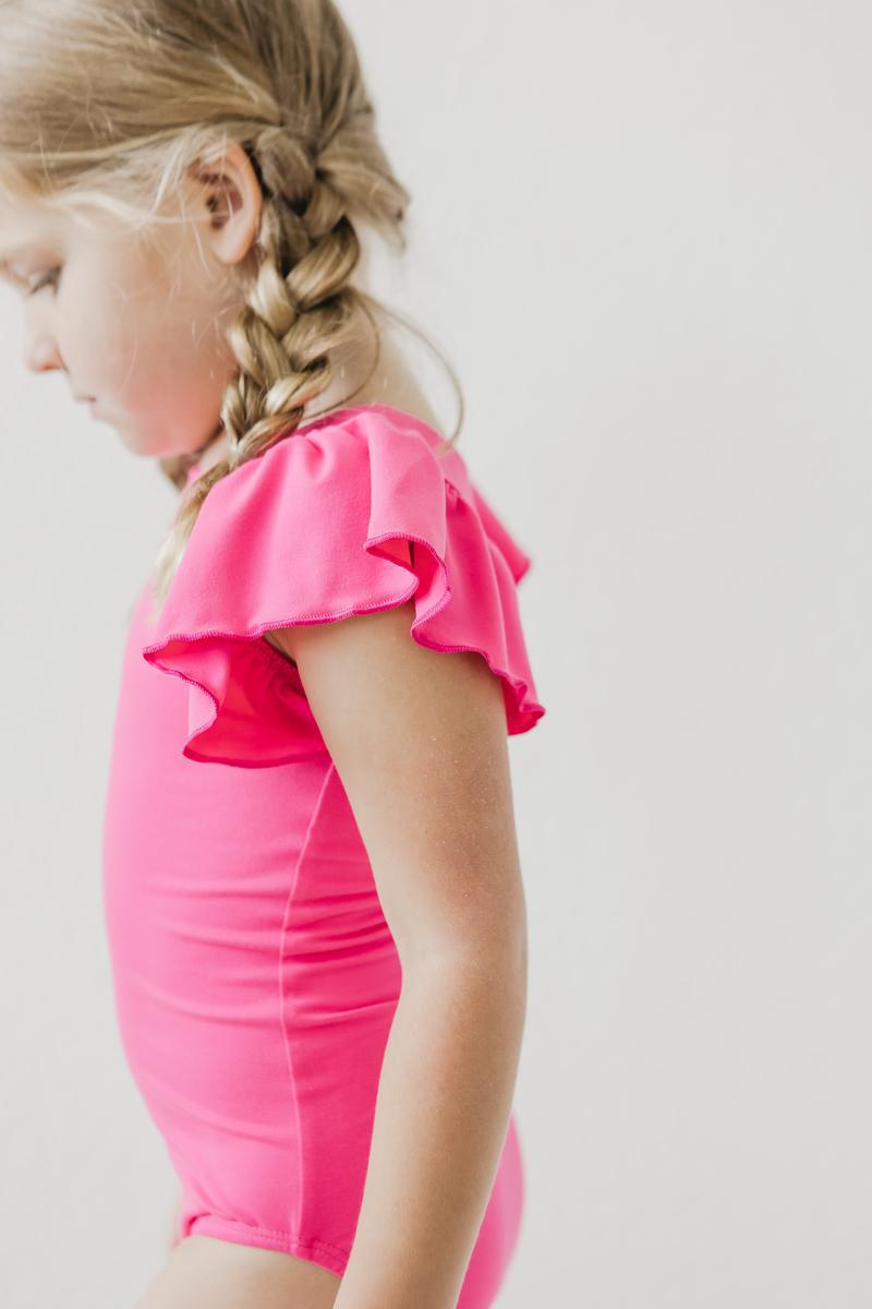 Hot Pink S/s Flutter Sleeve Leotard