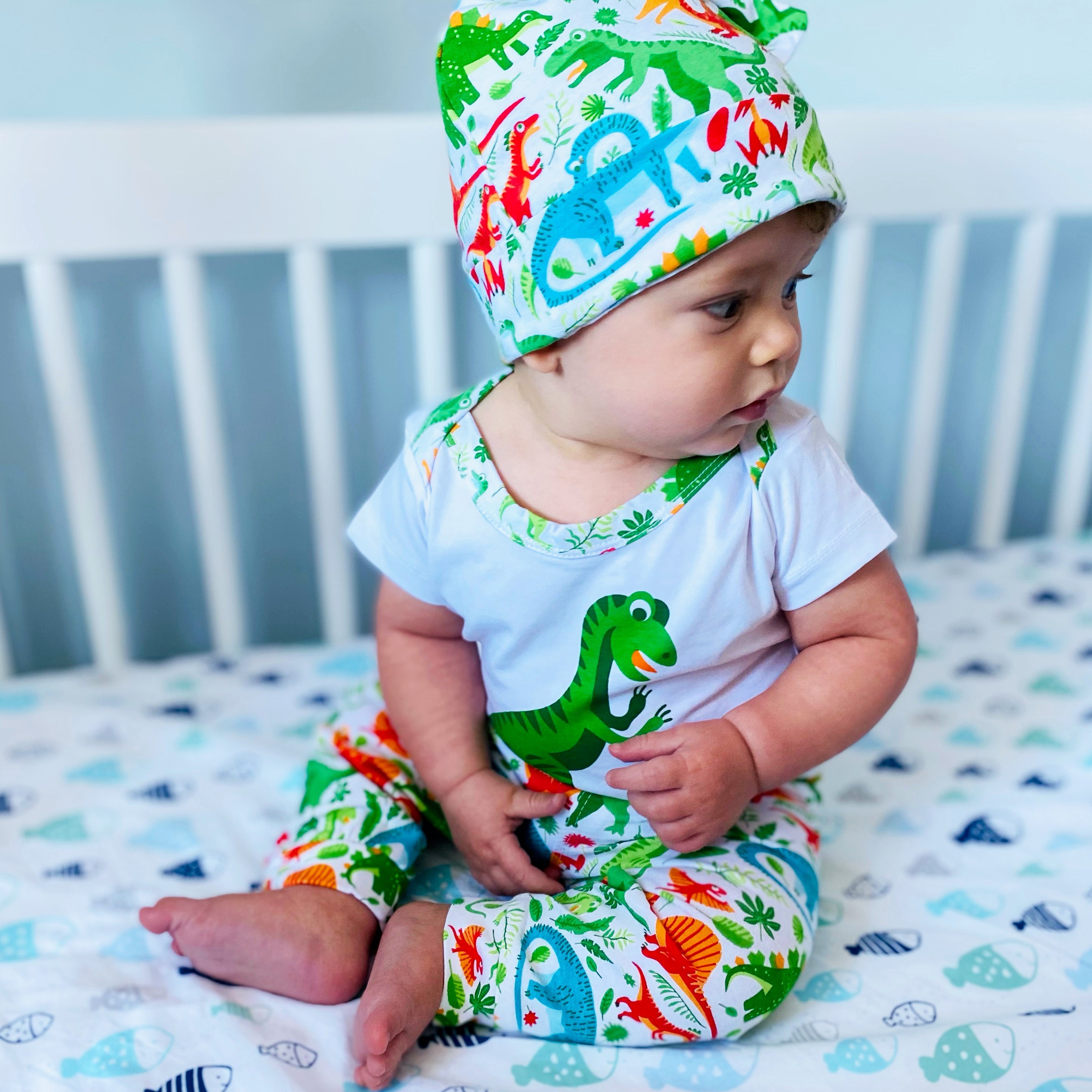 Annloren Baby Layette Boys Dinosaur Onesie Pants Cap 3pc Gift Set Clothing Sizes 3m - 18m