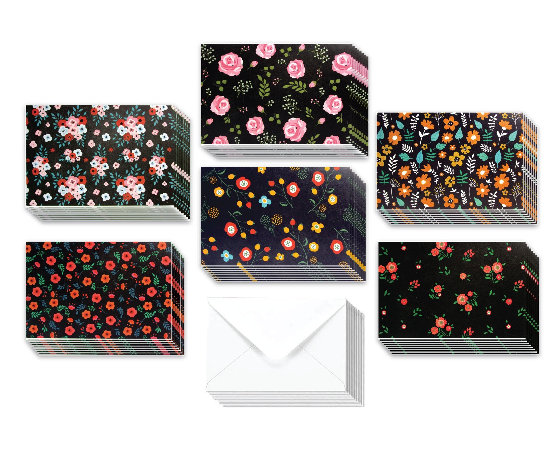 Black Floral - 36 Pack Assorted Greeting Cards For All Occasions - 6 Design