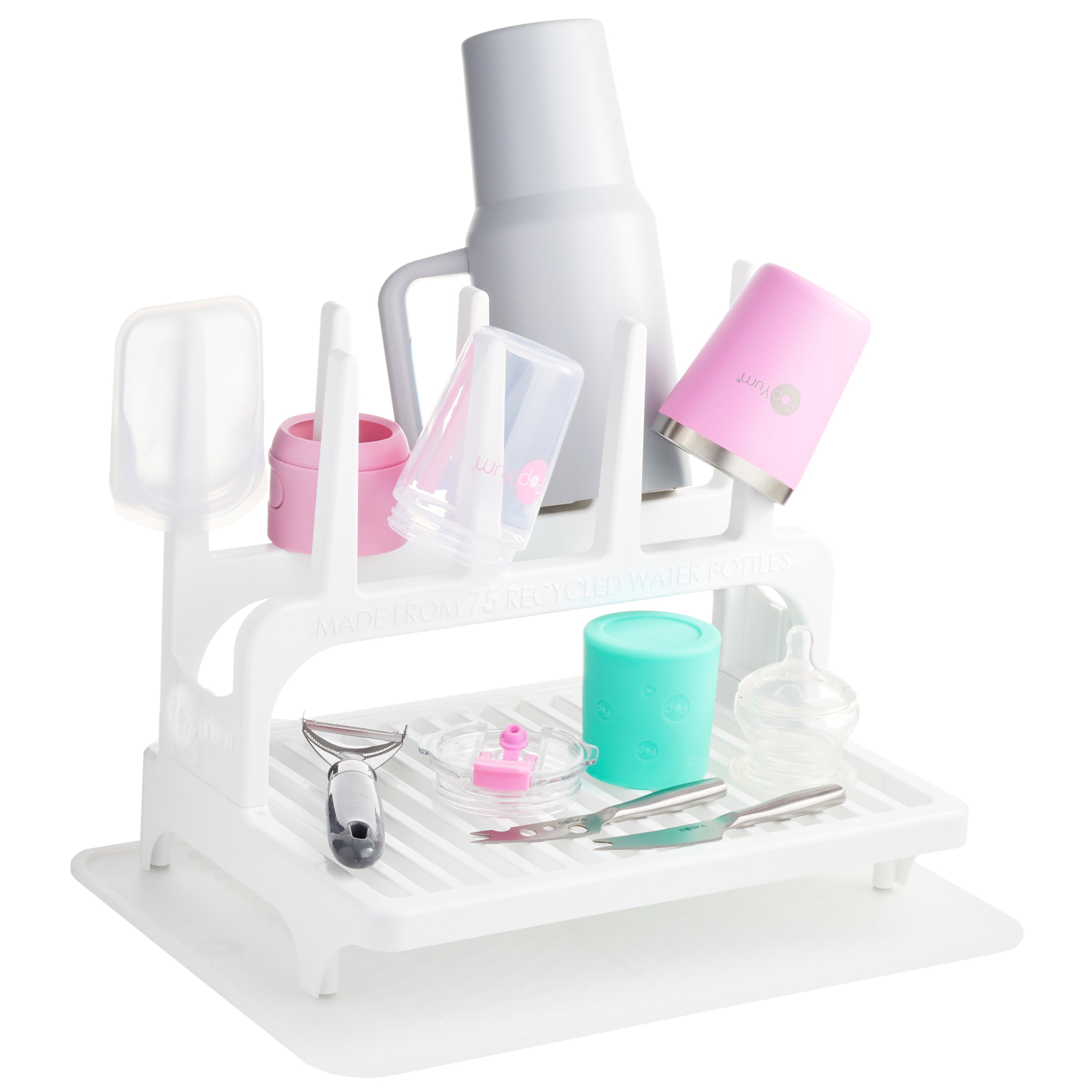 Popyum Glacier White Drying Rack From 100% Recycled Bottles With Silicone Drying Mat, Countertop For Baby Bottles, Plastic Bags, Cups, Compact
