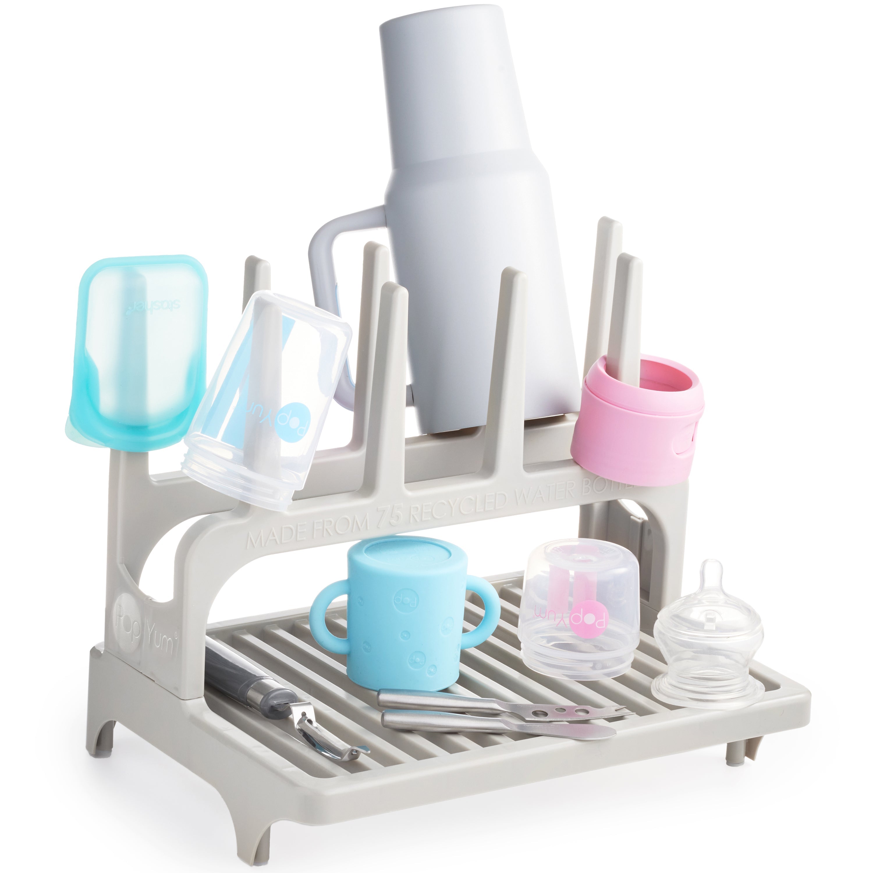 Popyum Seattle Gray Space Saving Drying Rack From 100% Recycled Bottles, Countertop For Baby Bottle, Plastic Bags, Cups, Glass, Tumblers, Compact