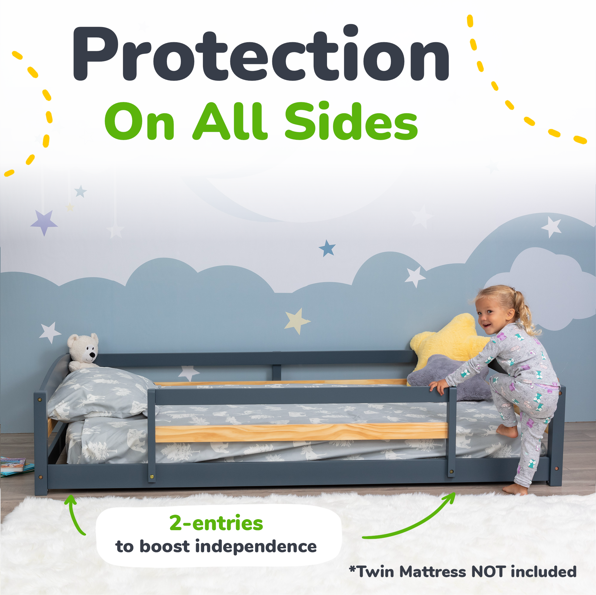 Twin Floor Bed With Safety Guardrails For Kids - Montessori Inspired