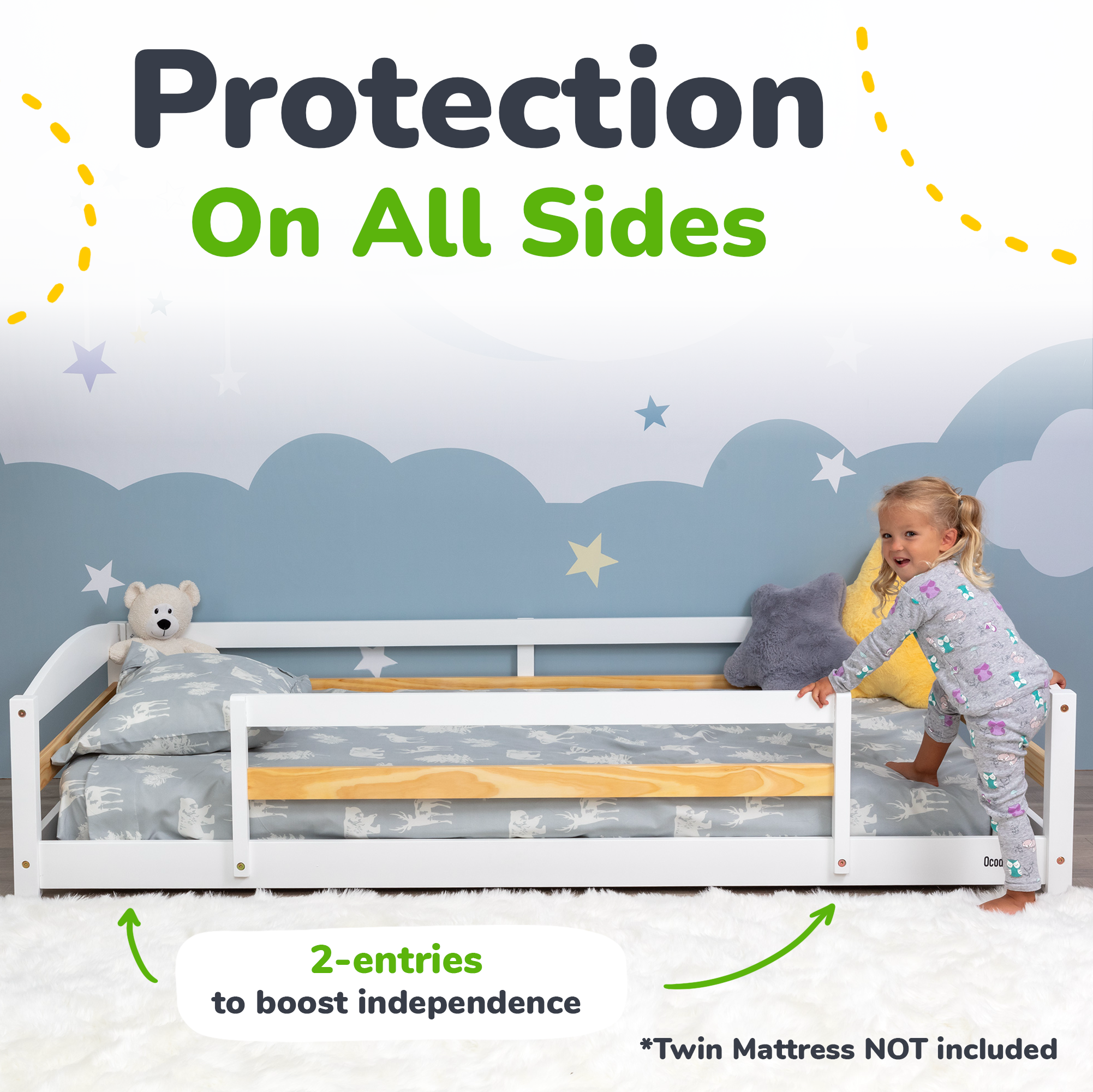 Twin Floor Bed With Safety Guardrails For Kids - Montessori Inspired