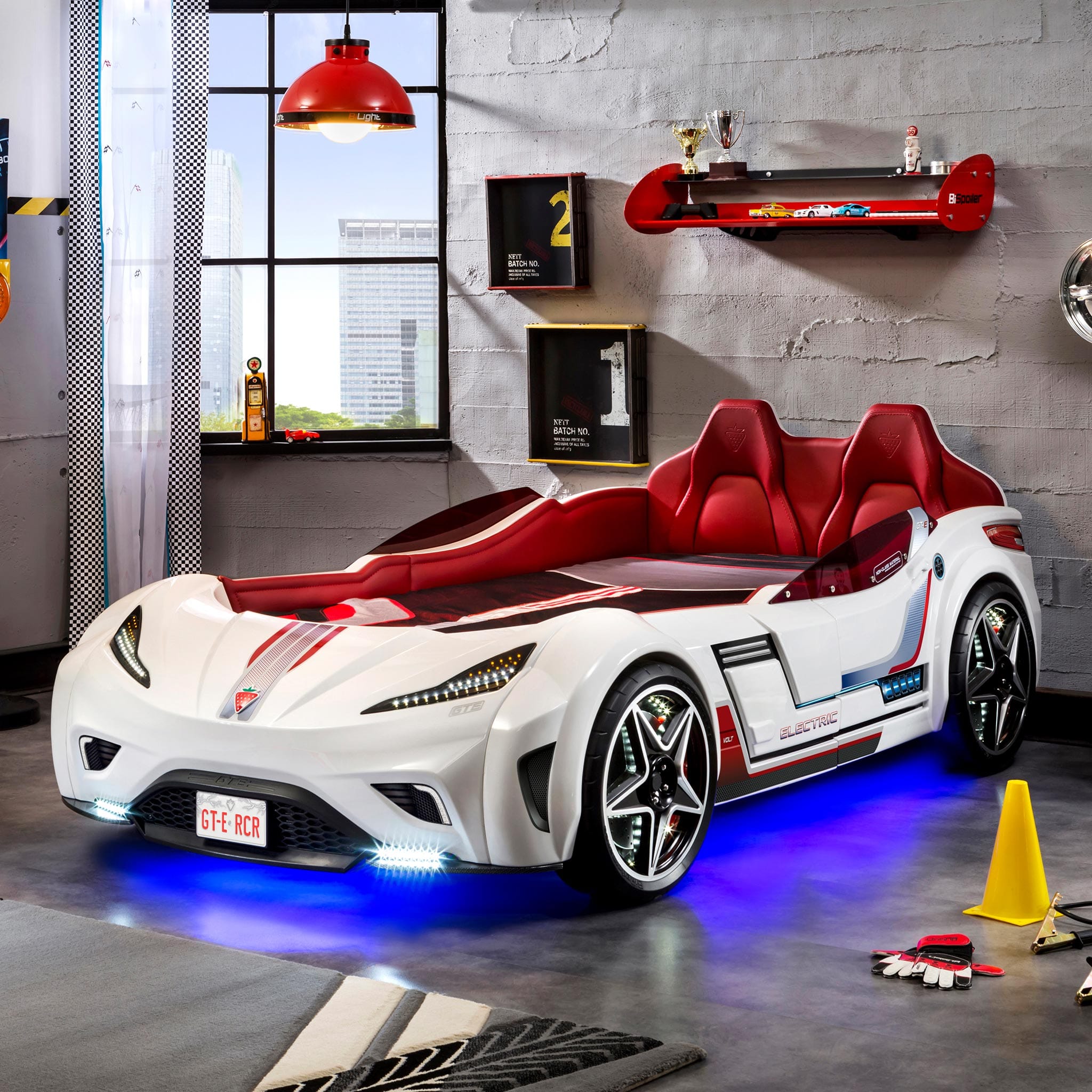 Gts Ev White Twin-size Race Car Bed, Remote Control, Led Lights, Ev Sound Fx, Vegan Leather Interior, License Plate