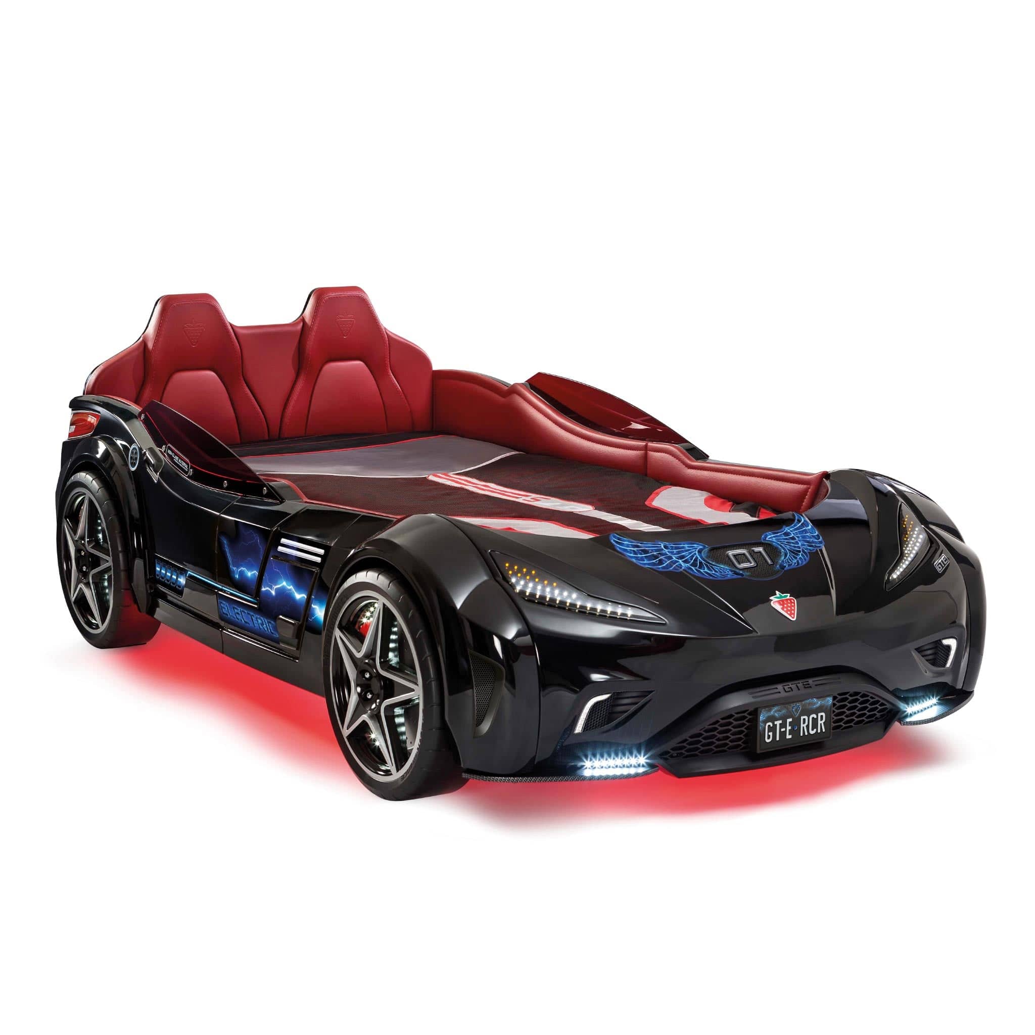 Gts Ev Black Twin-size Race Car Bed, Remote Control, Led Lights, Ev Sound Fx, Vegan Leather Interior, License Plate