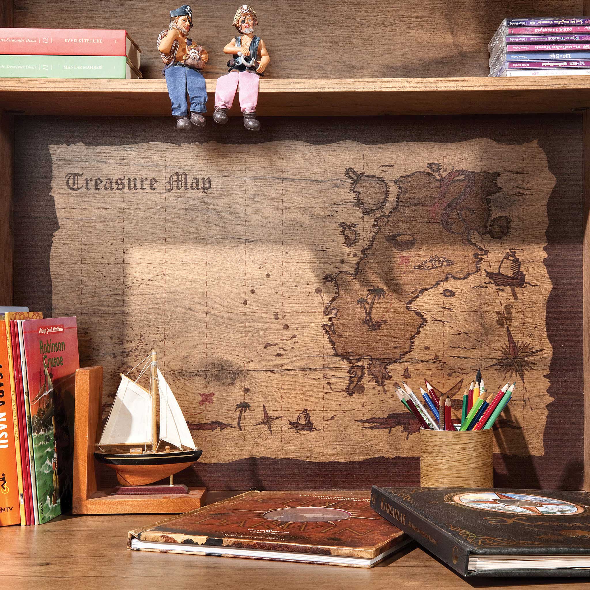 Pirate Study Desk & Hutch With Shelves And Cabinets