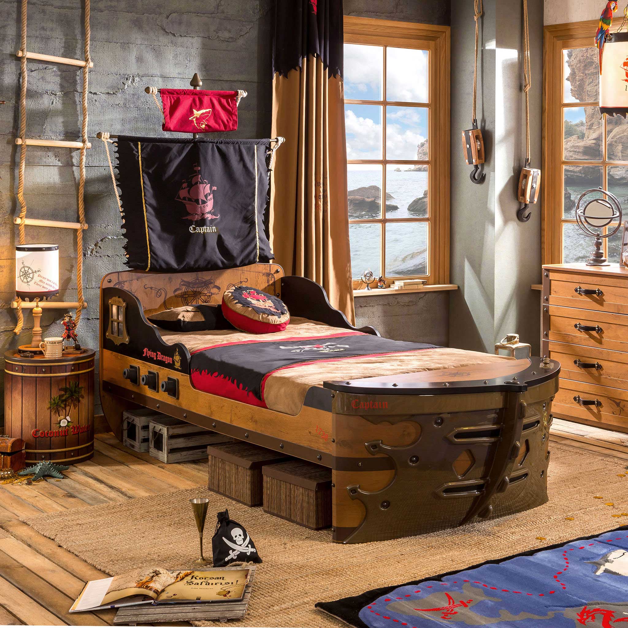 Pirate Twin-size Captain's Ship Bed With Sails And Deck