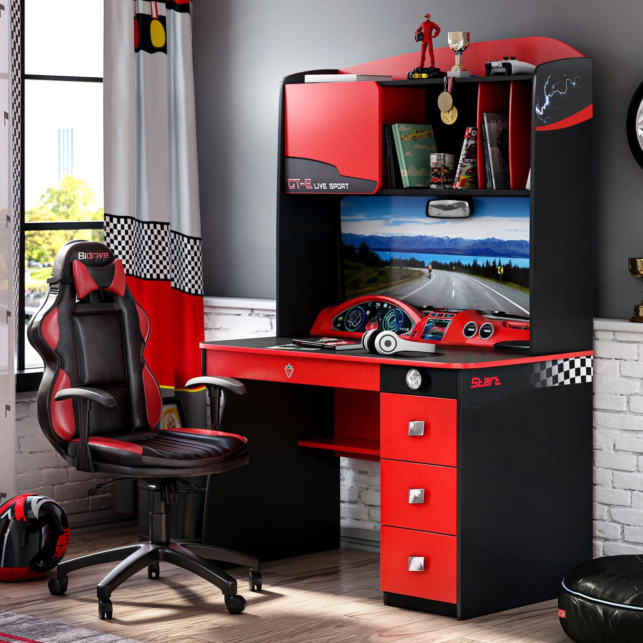 Gts Ev Study Desk & Hutch With Cabinet, Car Dashboard Design