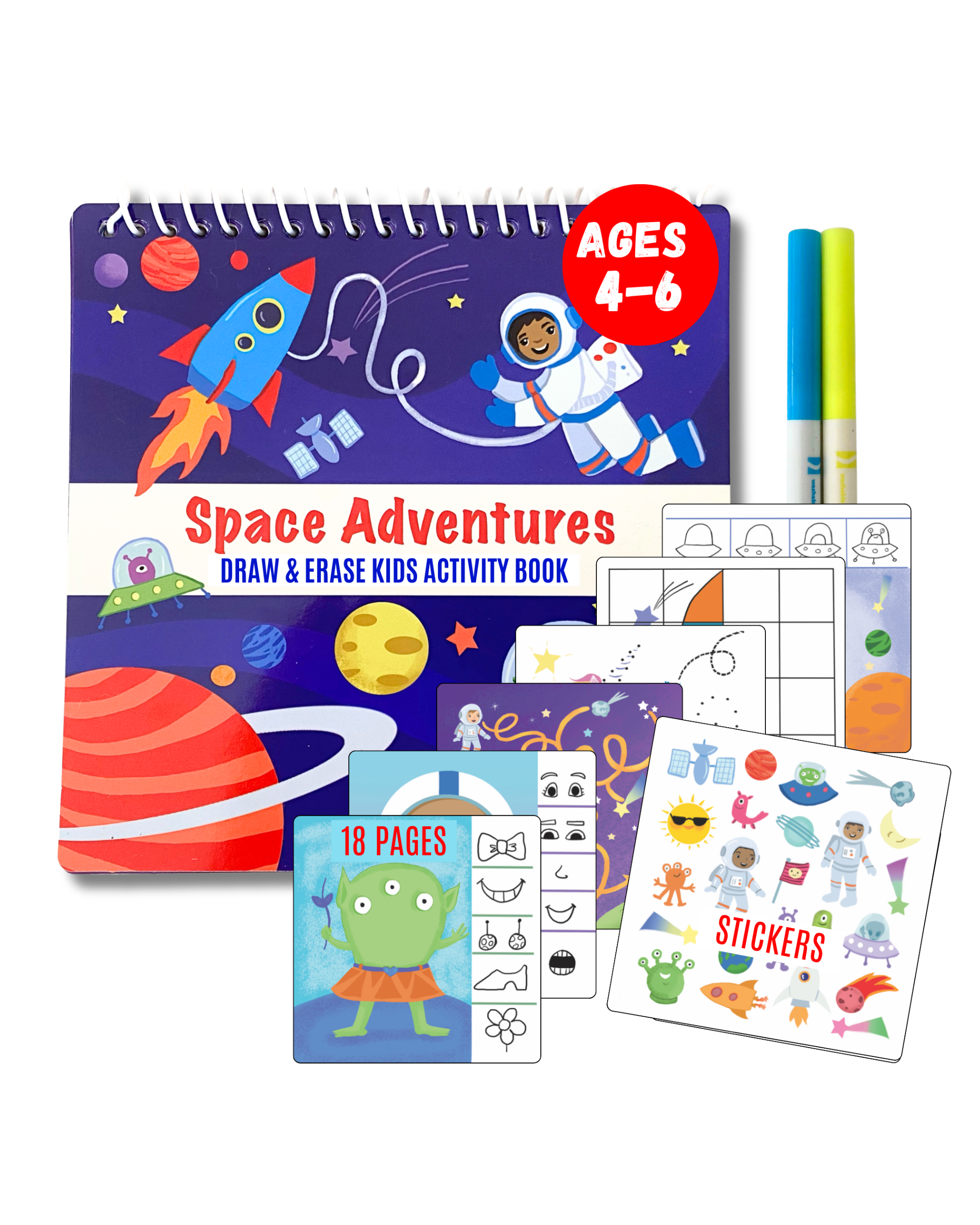 Small 7" Dry Erase Activity Book (incl. 2 Washable Markers & Reusable Stickers)