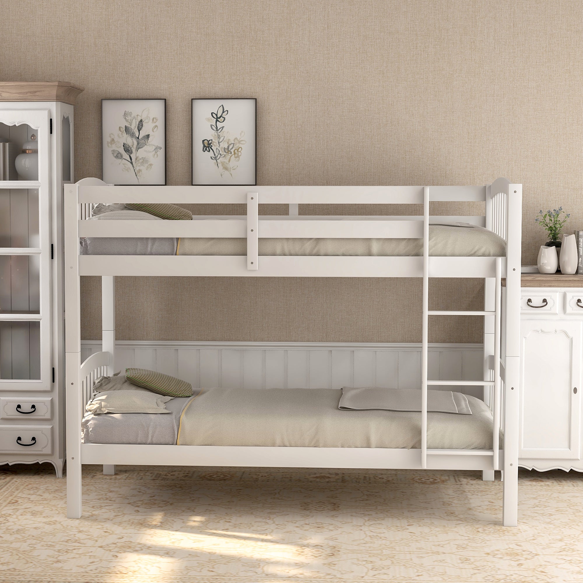 Twin Over Twin Bunk Bed with Ladder,White