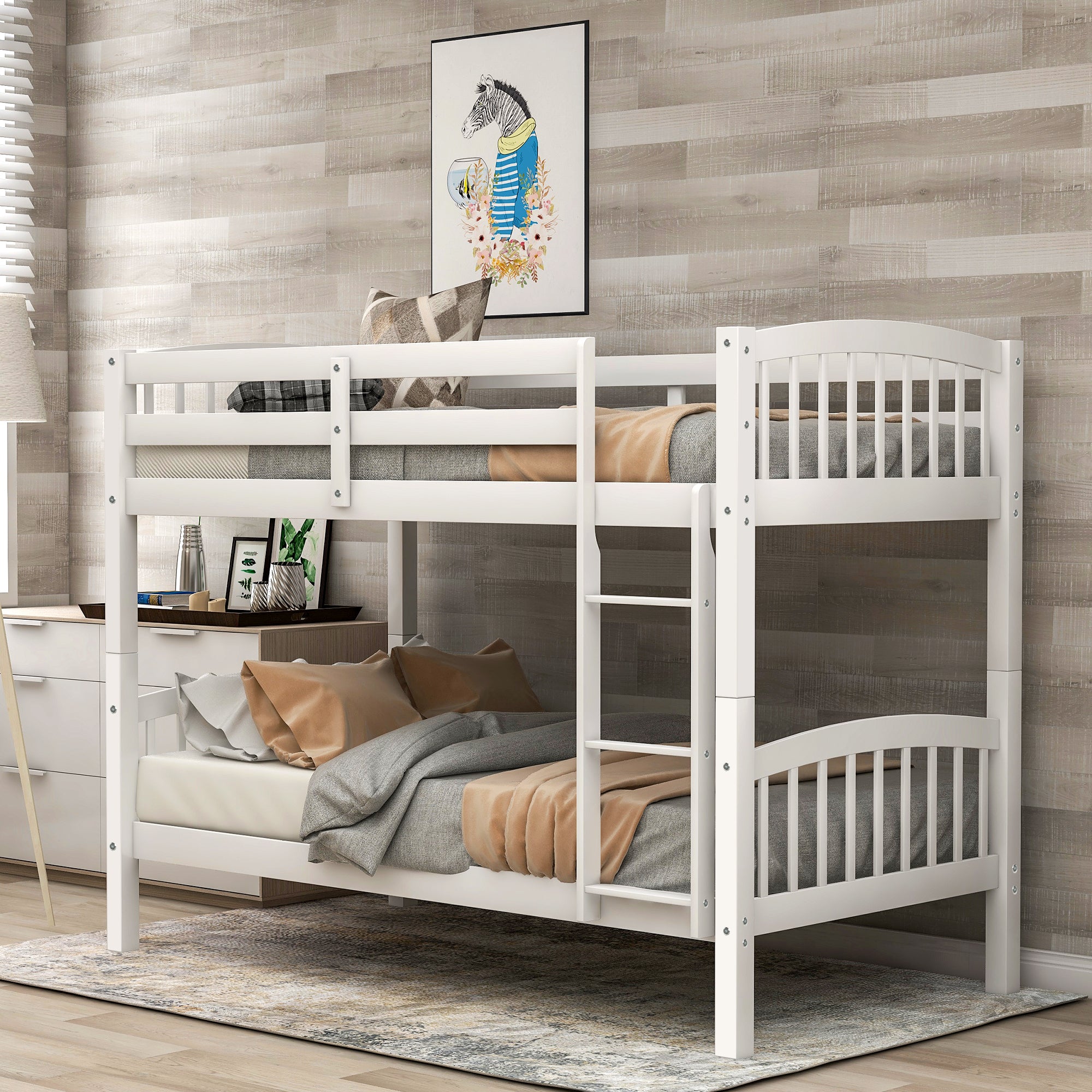 Twin Over Twin Bunk Bed with Ladder,White