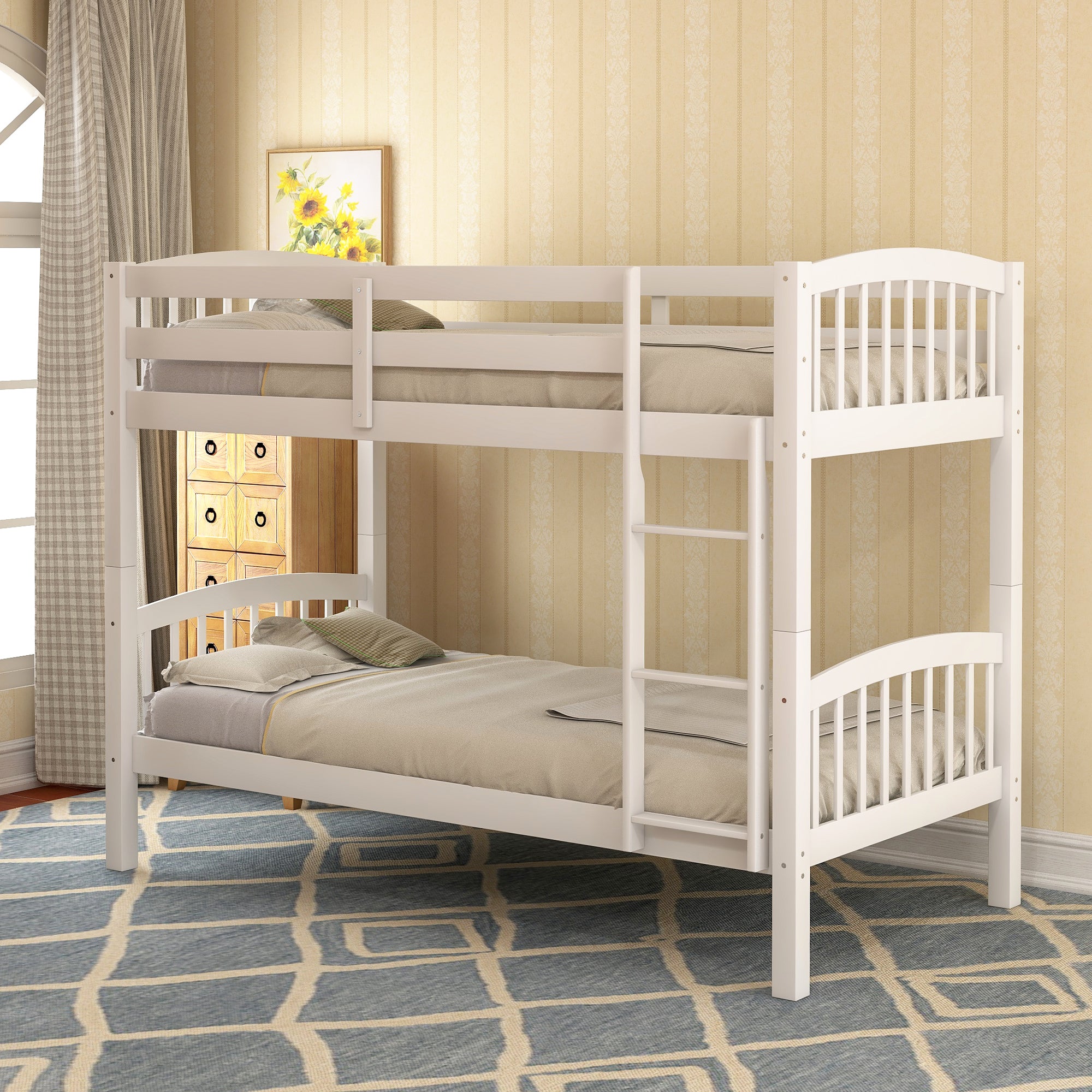 Twin Over Twin Bunk Bed with Ladder,White