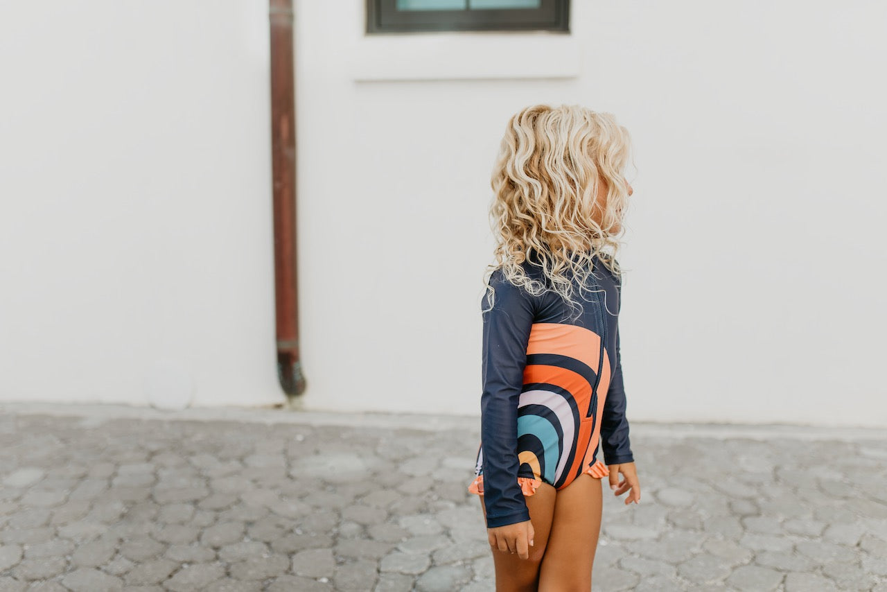 Mia Rainbow Navy Zip Rash Guard Swimsuit