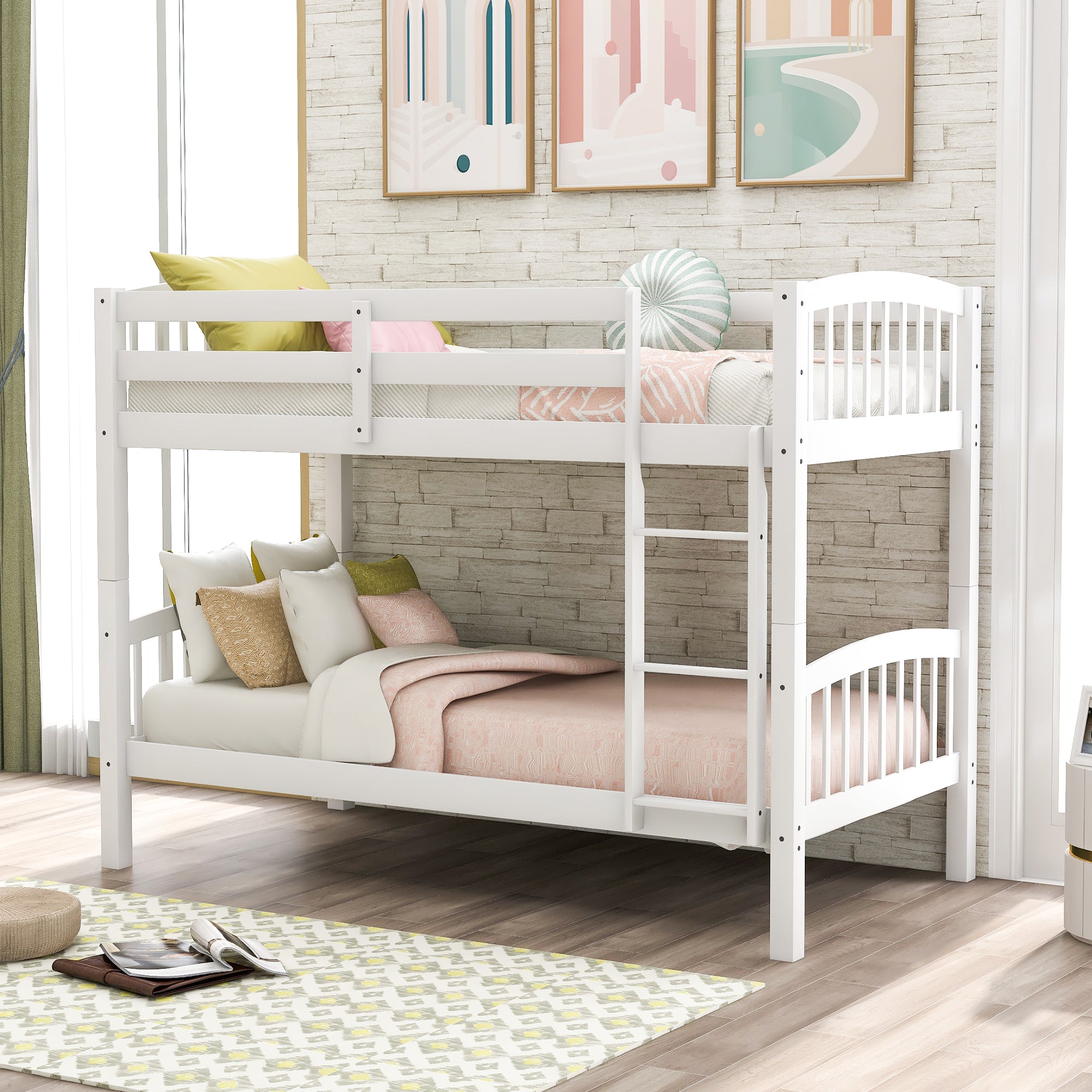 Twin Over Twin Bunk Bed with Ladder,White