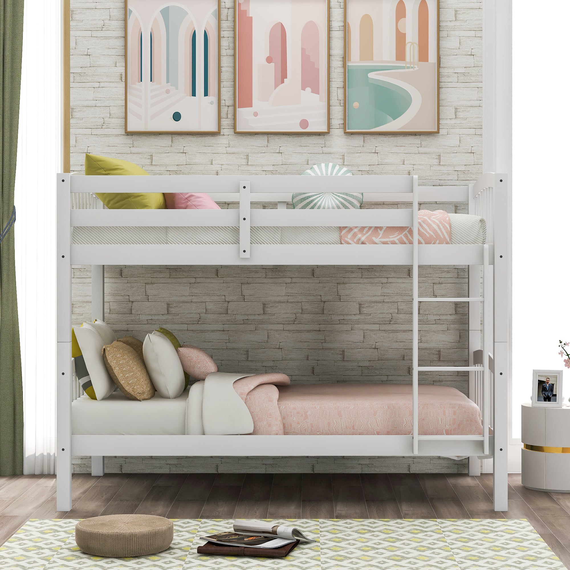 Twin Over Twin Bunk Bed with Ladder,White