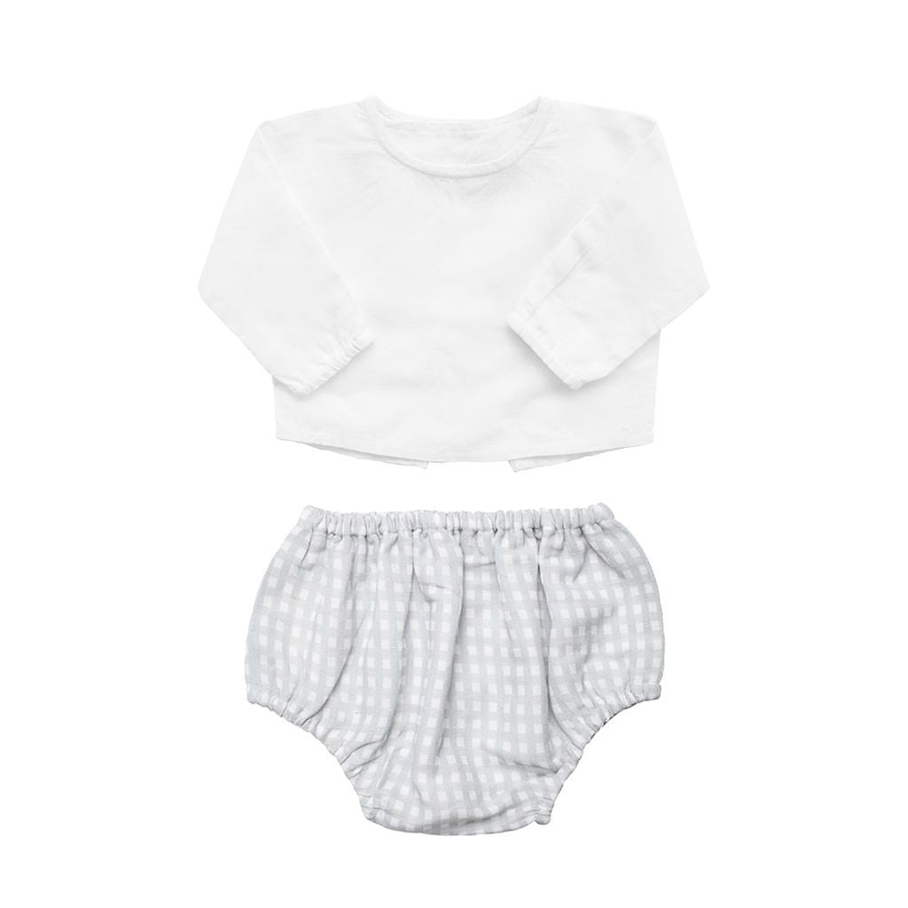 Gift Set | Grey Gingham Bloomer And White Linen Blouse