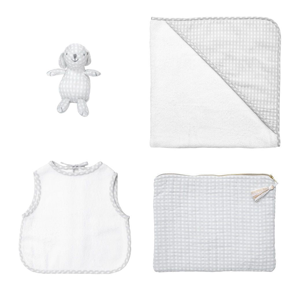 Newborn Gift Set | Grey Gingham Linen Pouch, Louelle. Bunny, Apron Bib And Hooded Towel