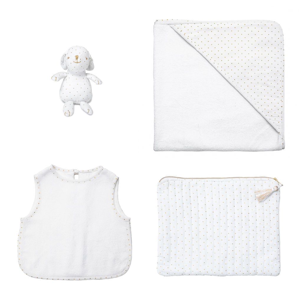 Newborn Gift Set | Gold Spot Linen Pouch, Louelle. Bunny, Apron Bib And Hooded Towel