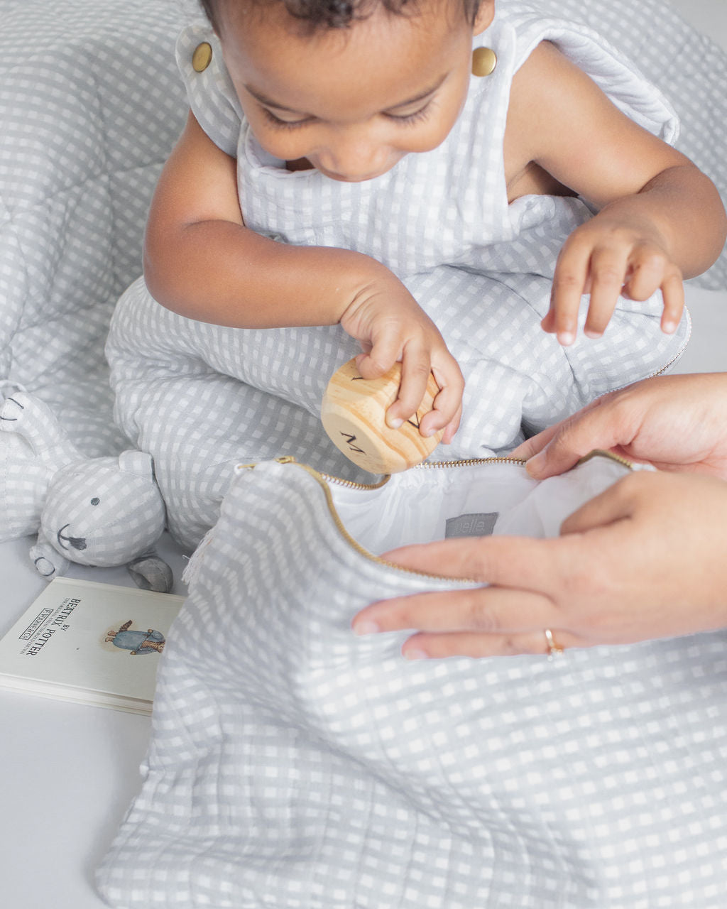 Newborn Gift Set | Grey Gingham Linen Pouch, Louelle. Bunny, Apron Bib And Hooded Towel