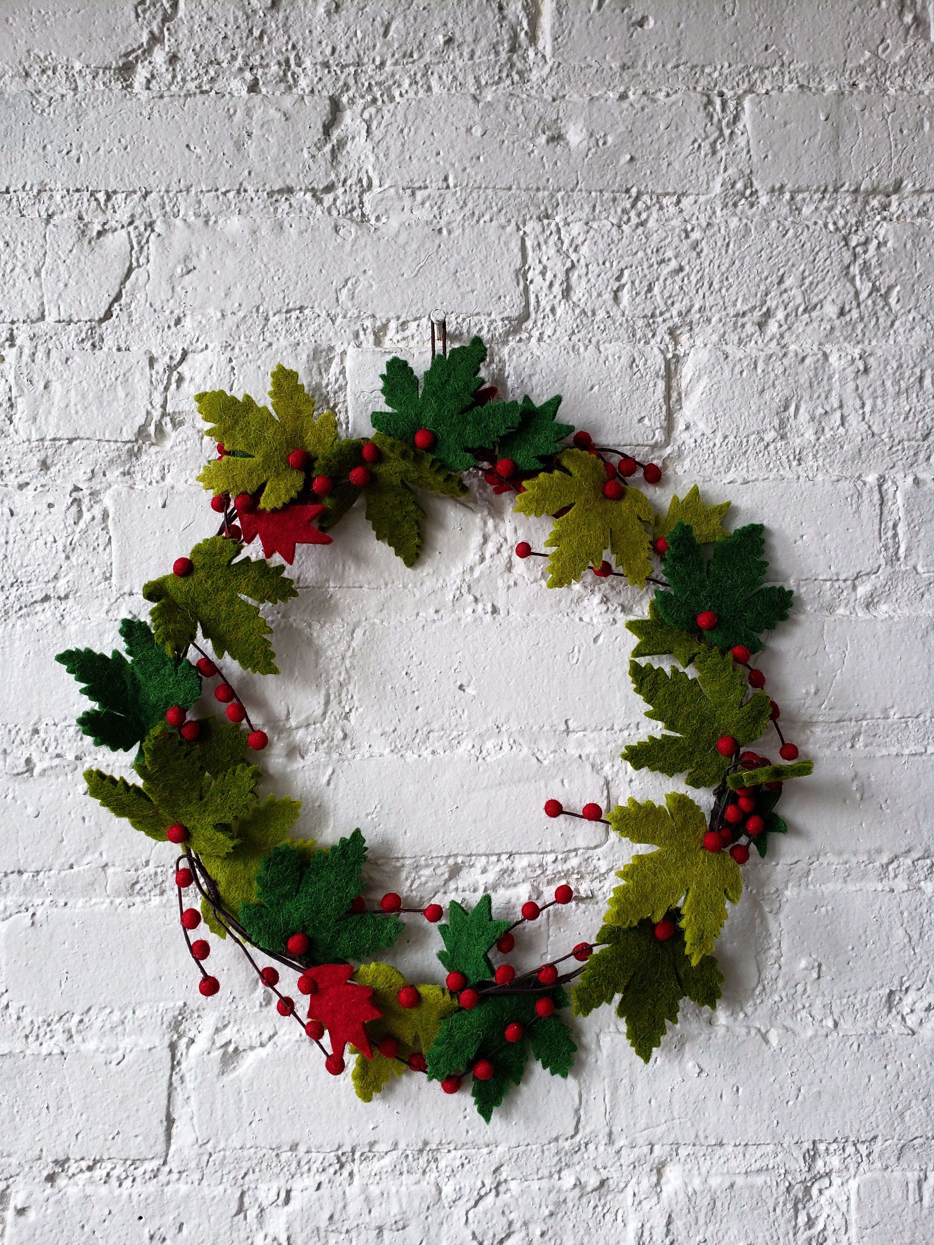 Maple Leaf Wreath With Berries In Hand Felted Wool - 12"