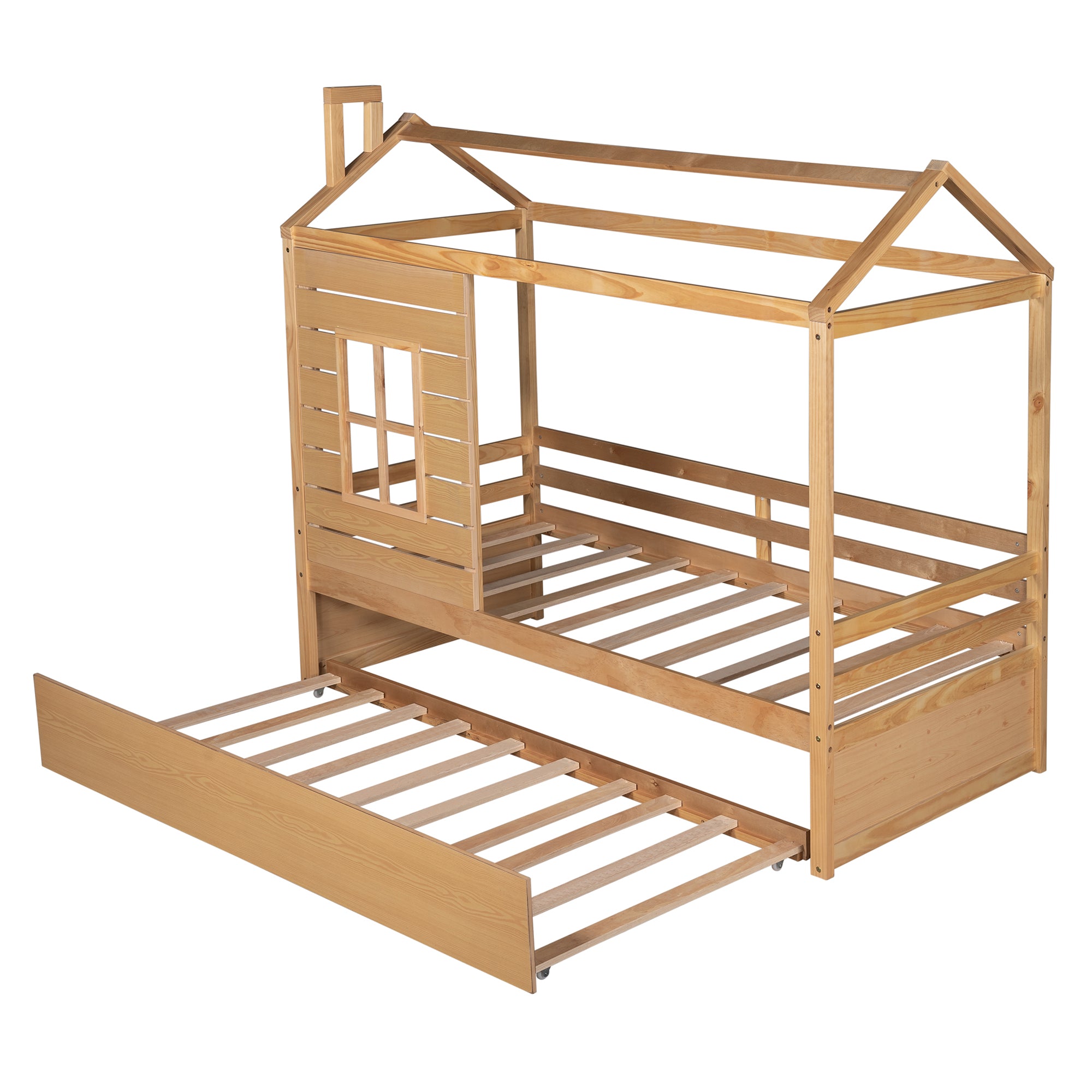 Twin Size House Bed Wood Bed with Twin Size Trundle ( Natural )