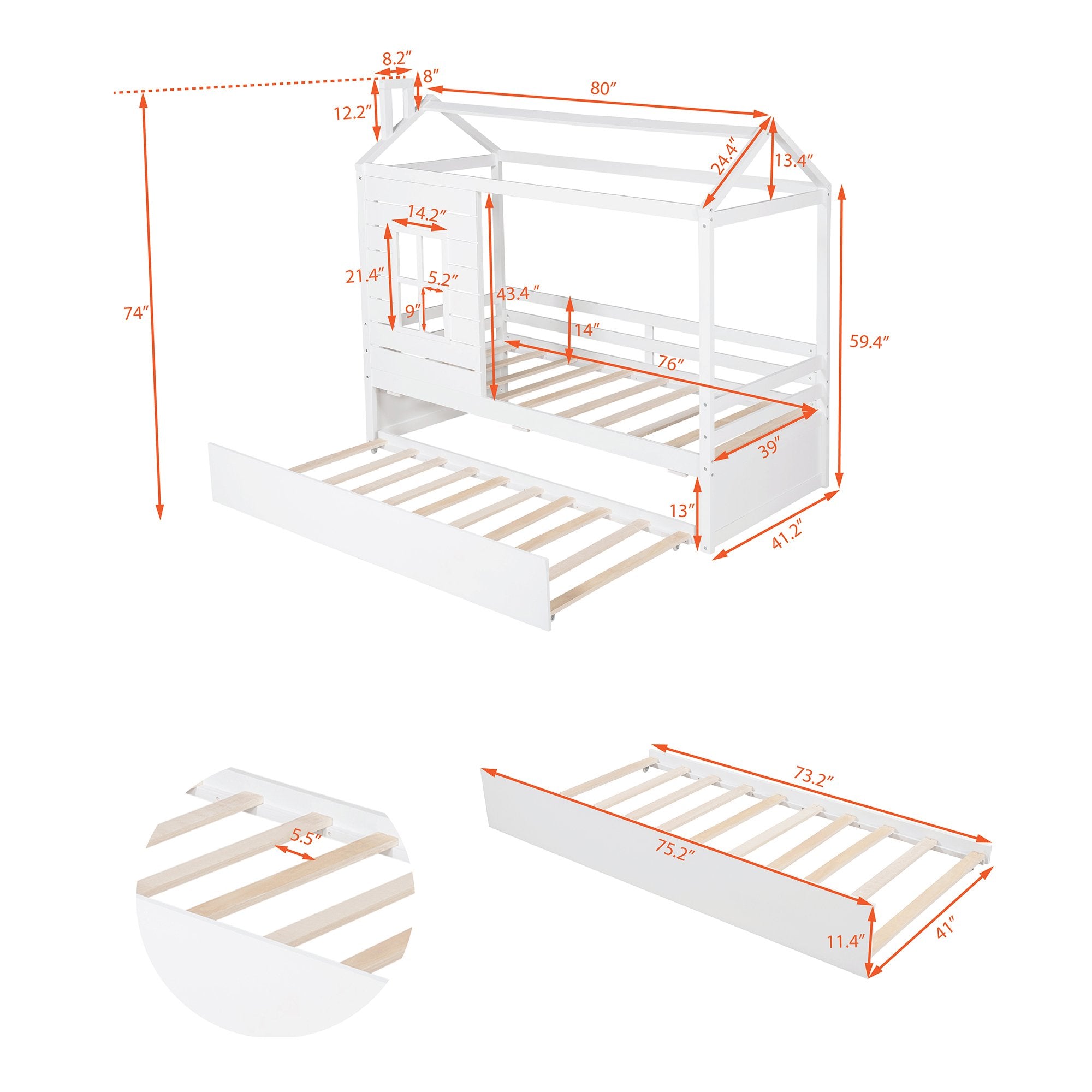 Twin Size House Bed Wood Bed with Twin Size Trundle ( White )