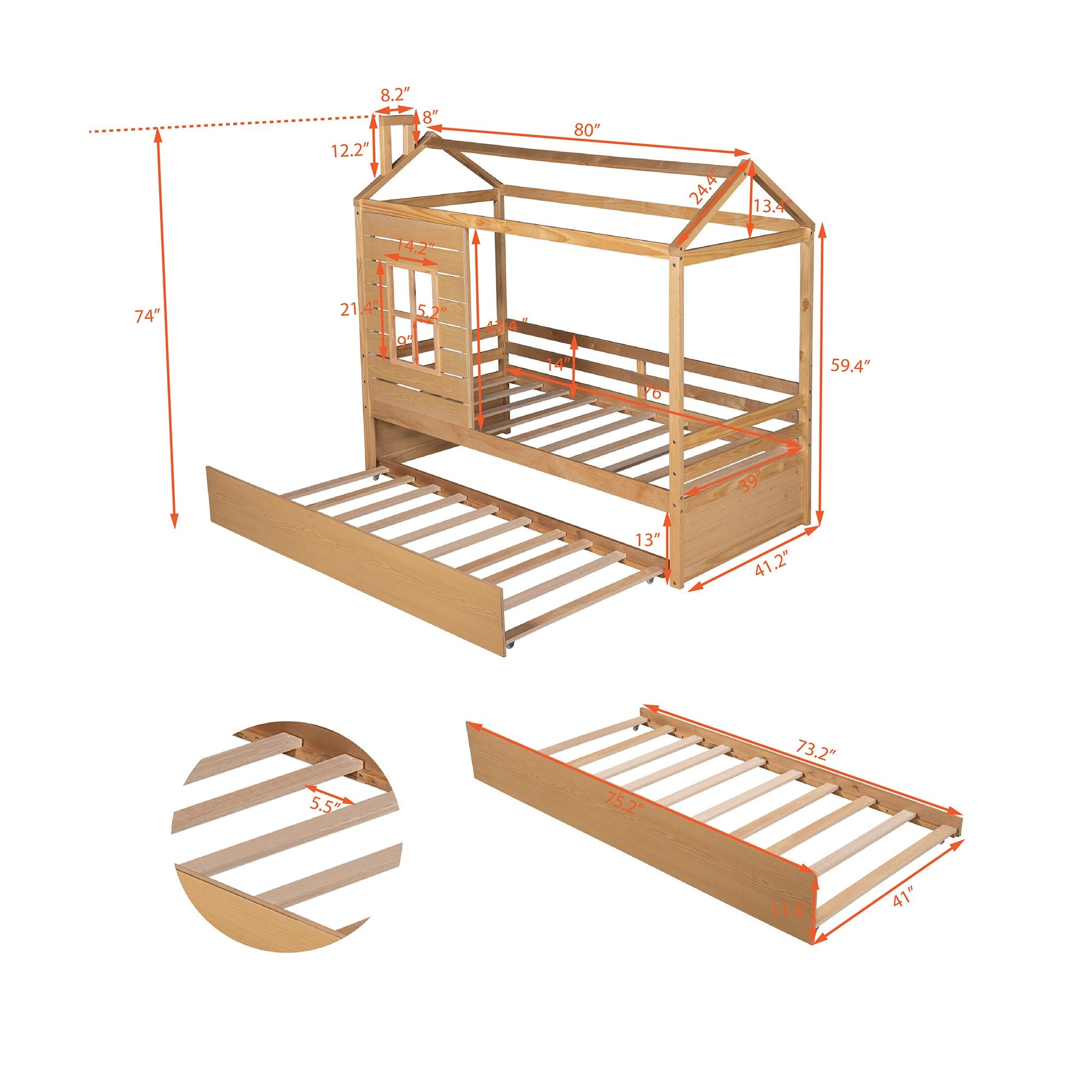 Twin Size House Bed Wood Bed with Twin Size Trundle ( Natural )