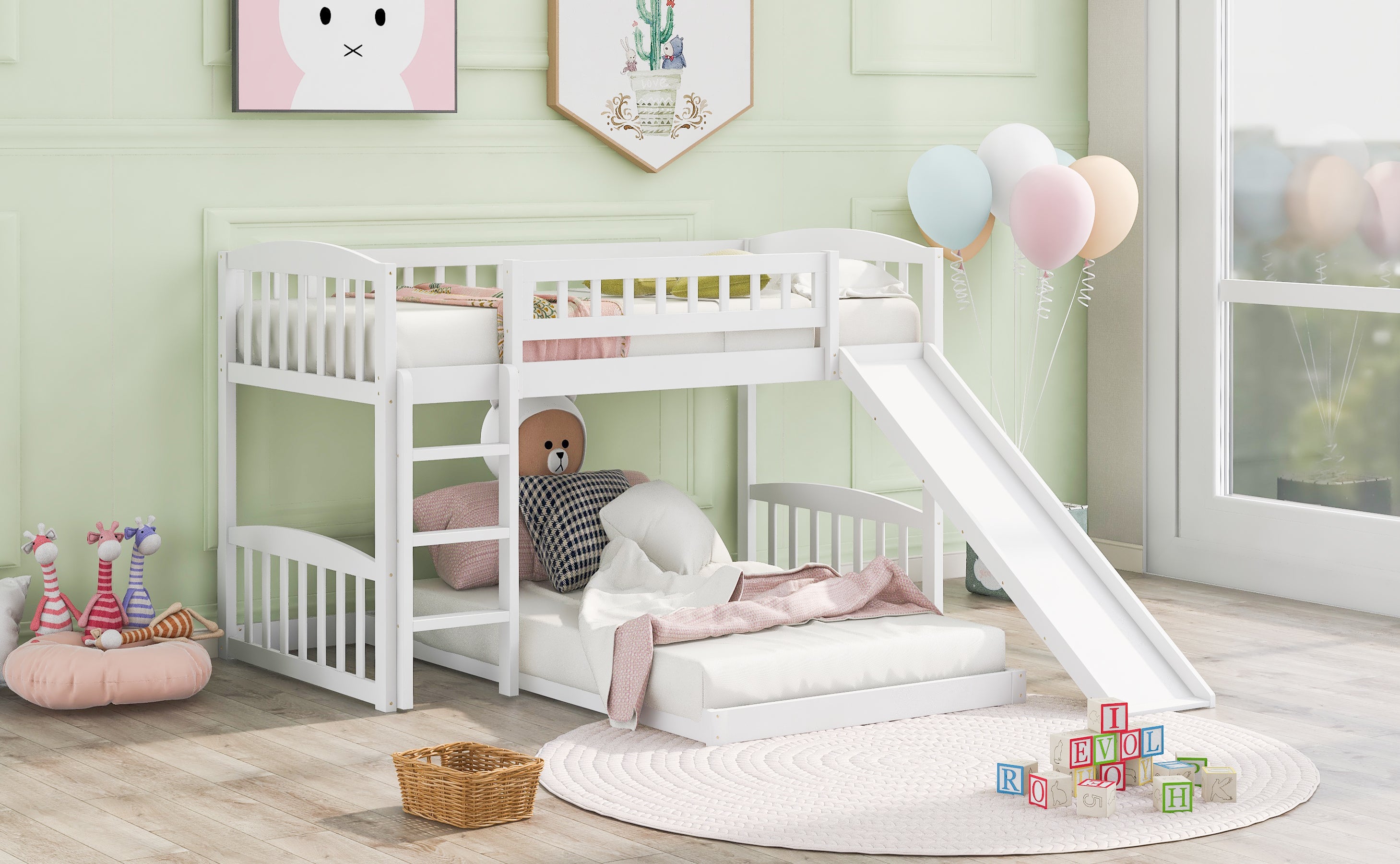 Twin Over Twin Bunk Bed with Slide and Ladder, White